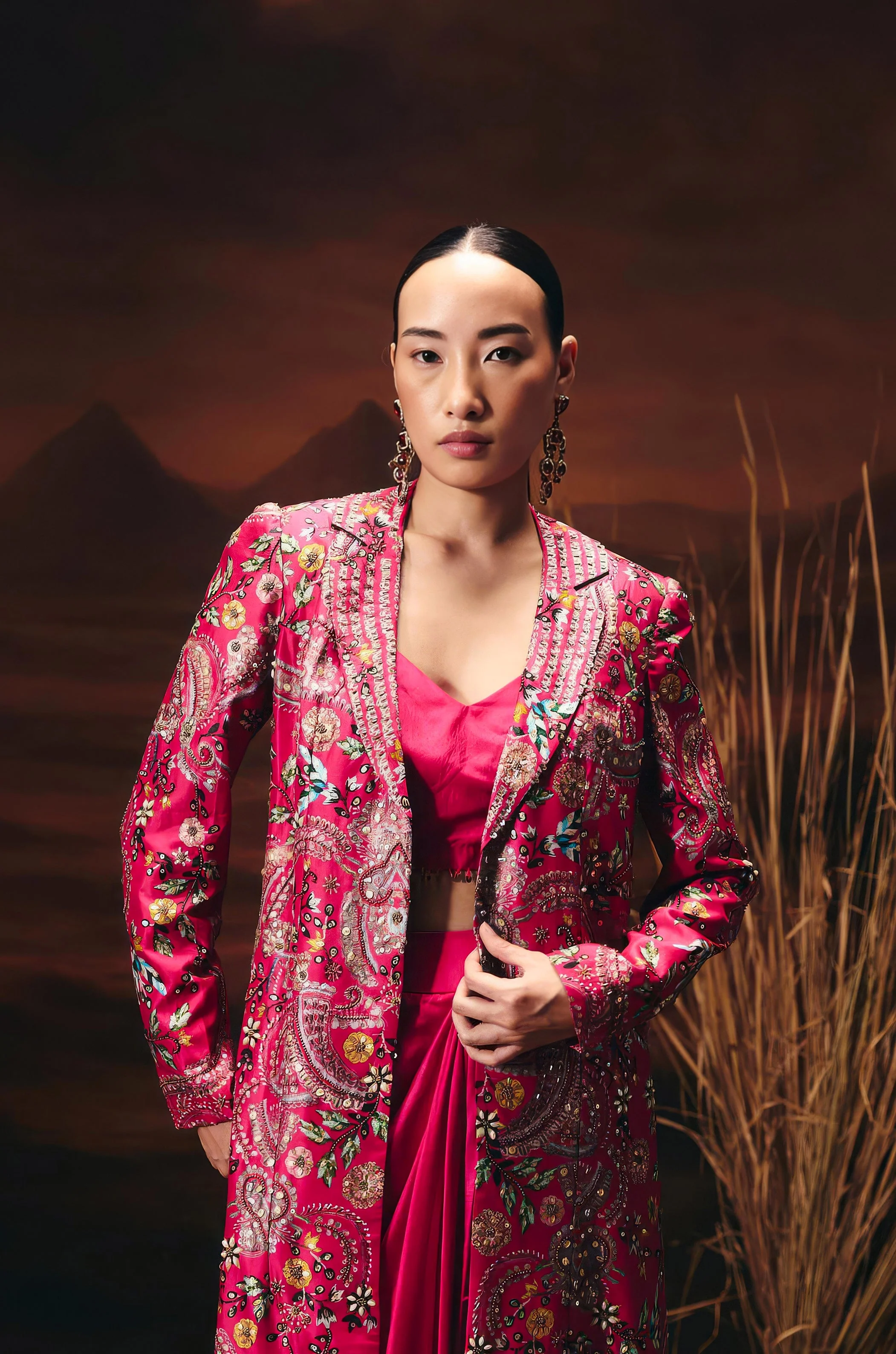 Vibrant Pink Embellished Chinon Silk Skirt Set - Image 3