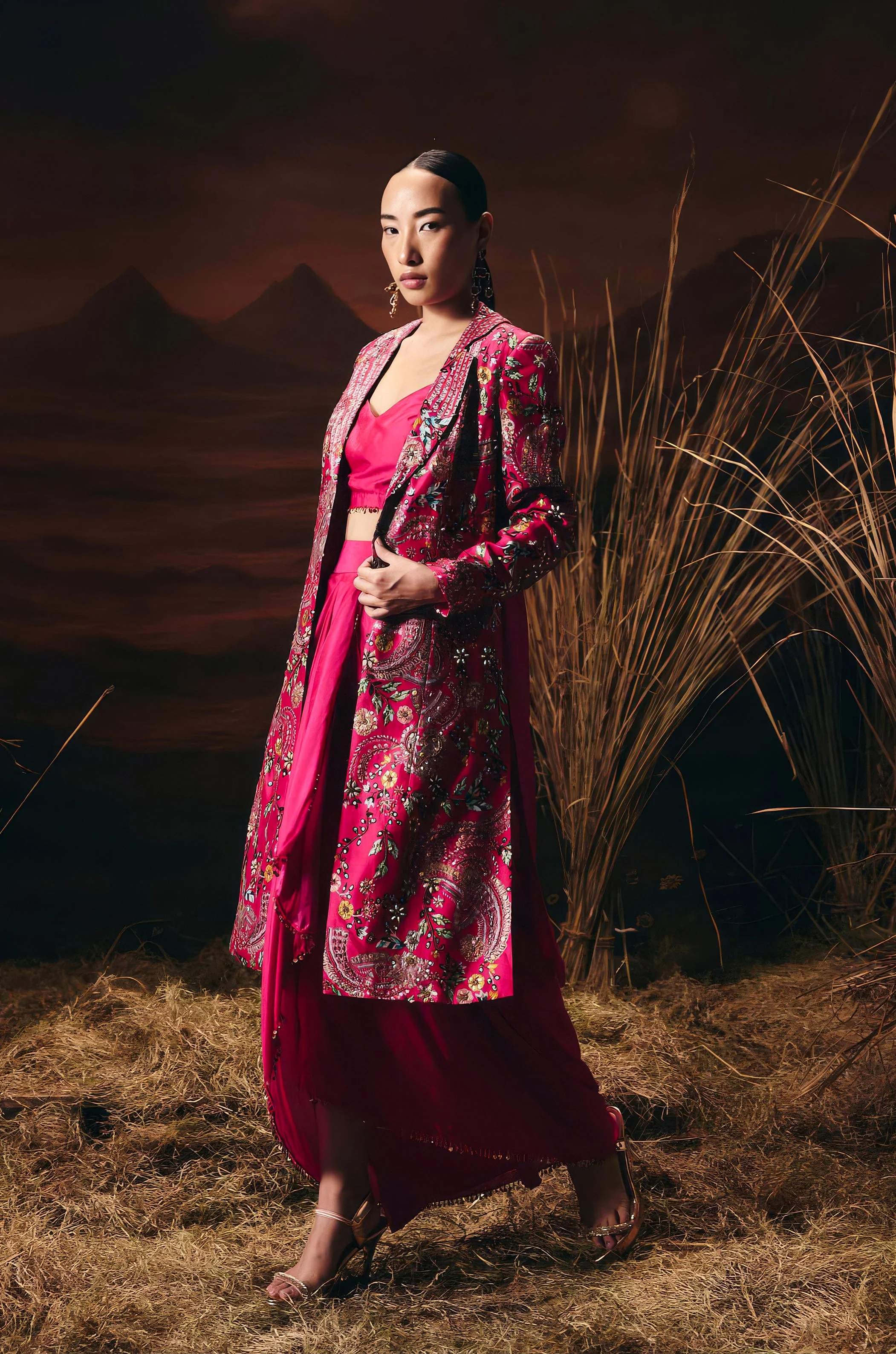 Vibrant Pink Embellished Chinon Silk Skirt Set - Image 4
