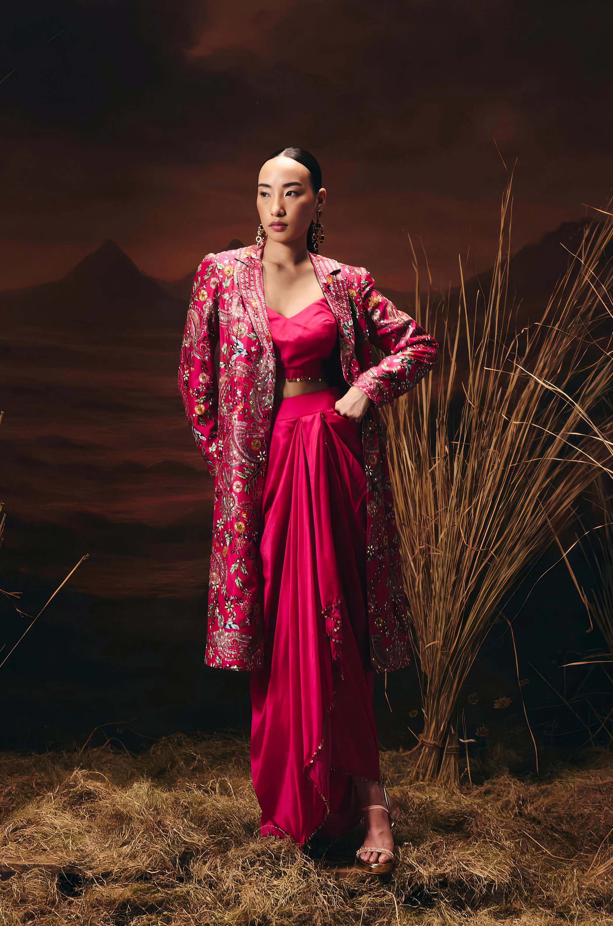 Vibrant Pink Embellished Chinon Silk Skirt Set - Image 5