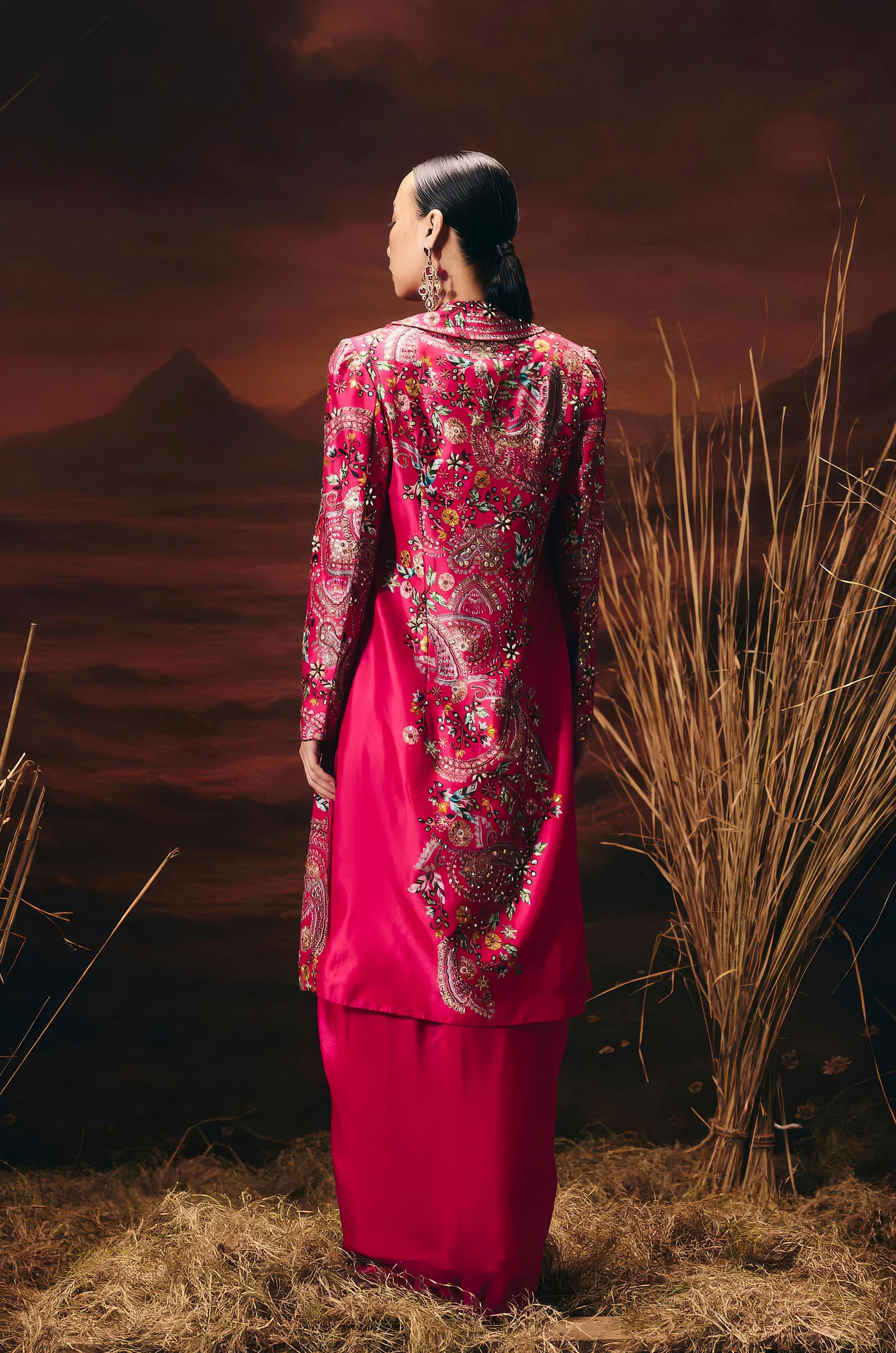 Vibrant Pink Embellished Chinon Silk Skirt Set - Image 6