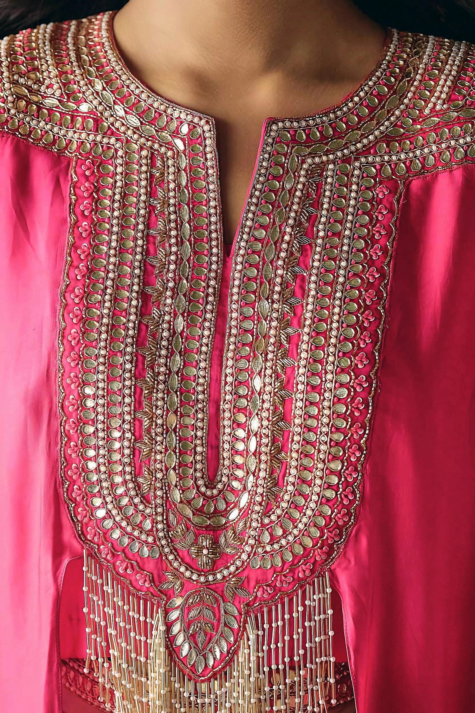 Vibrant Pink Embellished Satin Silk Drape Skirt Set - Image 2