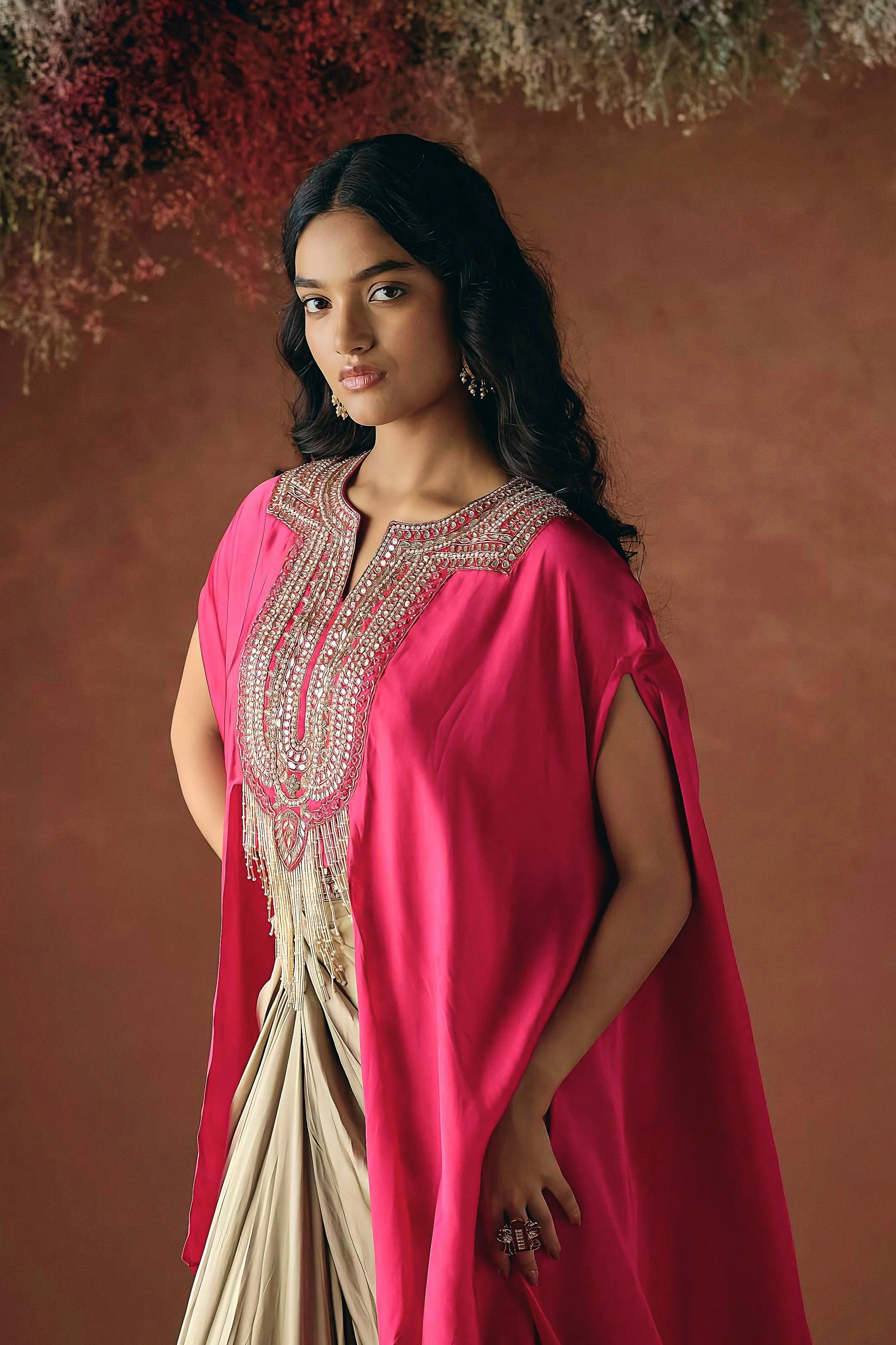 Vibrant Pink Embellished Satin Silk Drape Skirt Set - Image 3