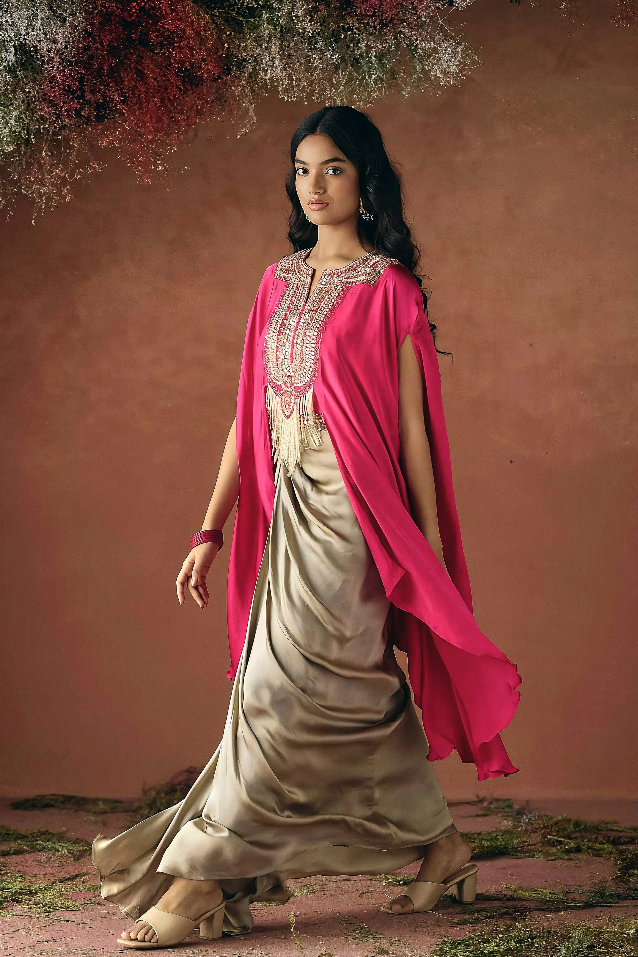 Vibrant Pink Embellished Satin Silk Drape Skirt Set - Image 4