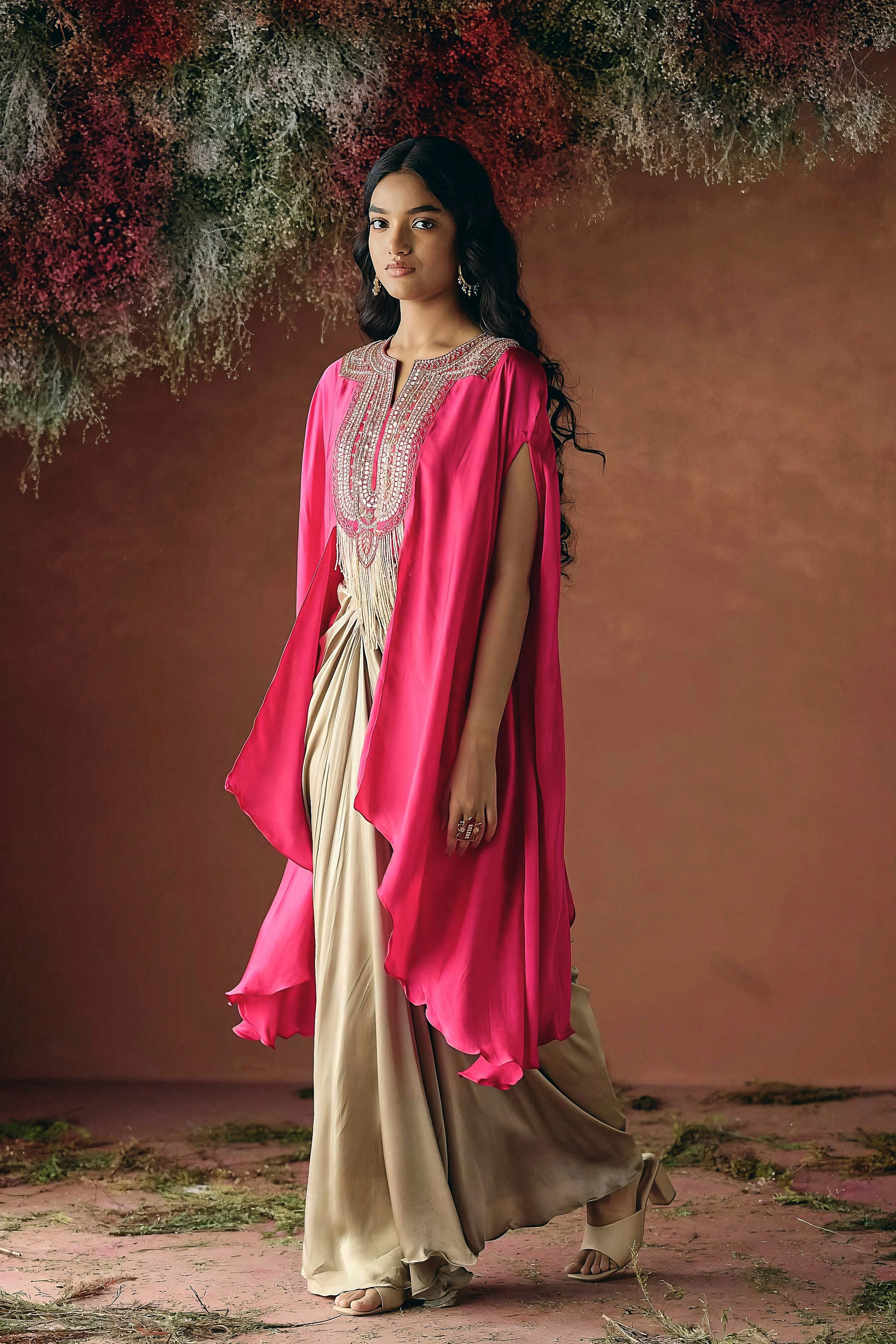 Vibrant Pink Embellished Satin Silk Drape Skirt Set - Image 5