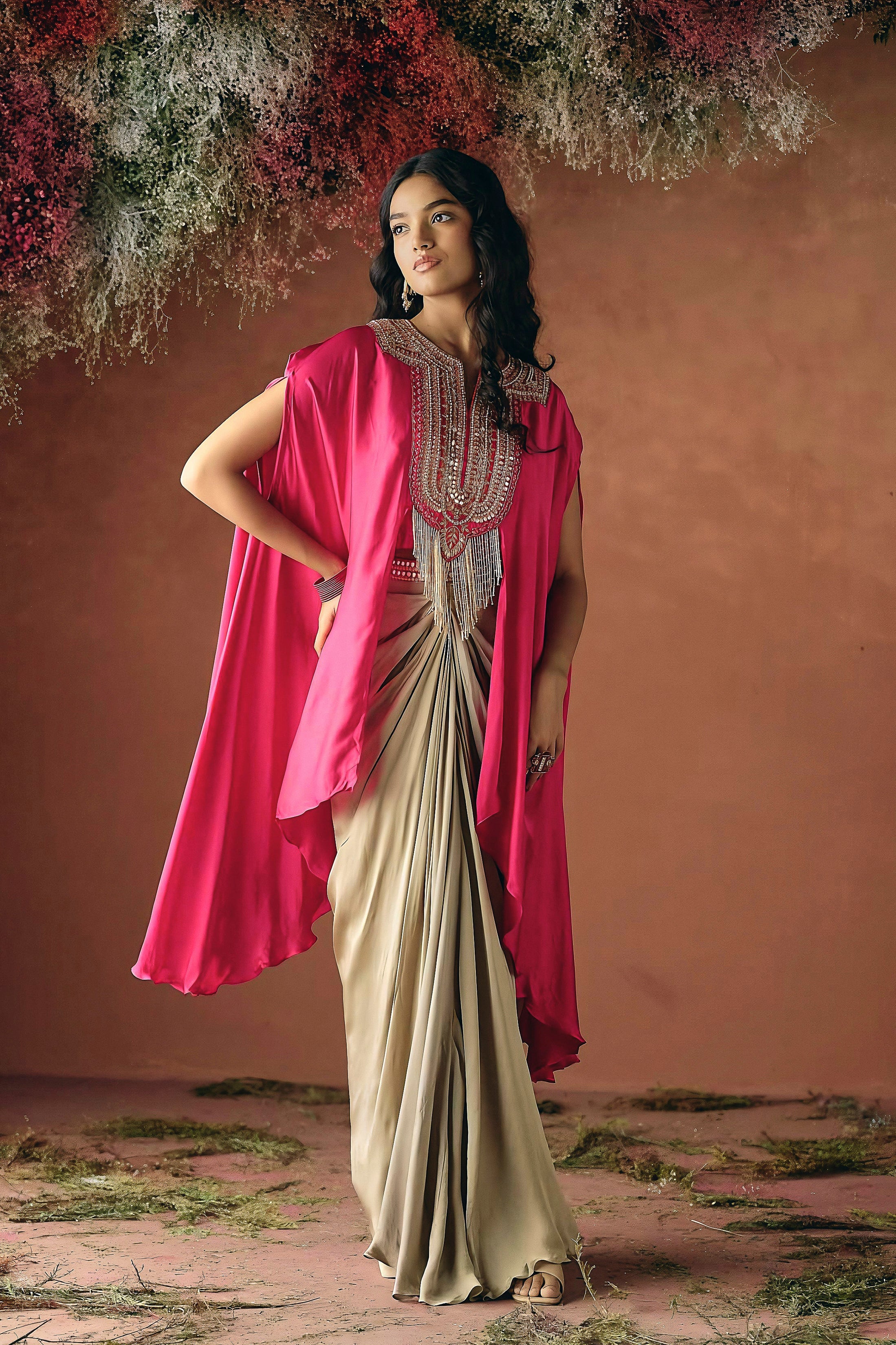 Vibrant Pink Embellished Satin Silk Drape Skirt Set - Image 6