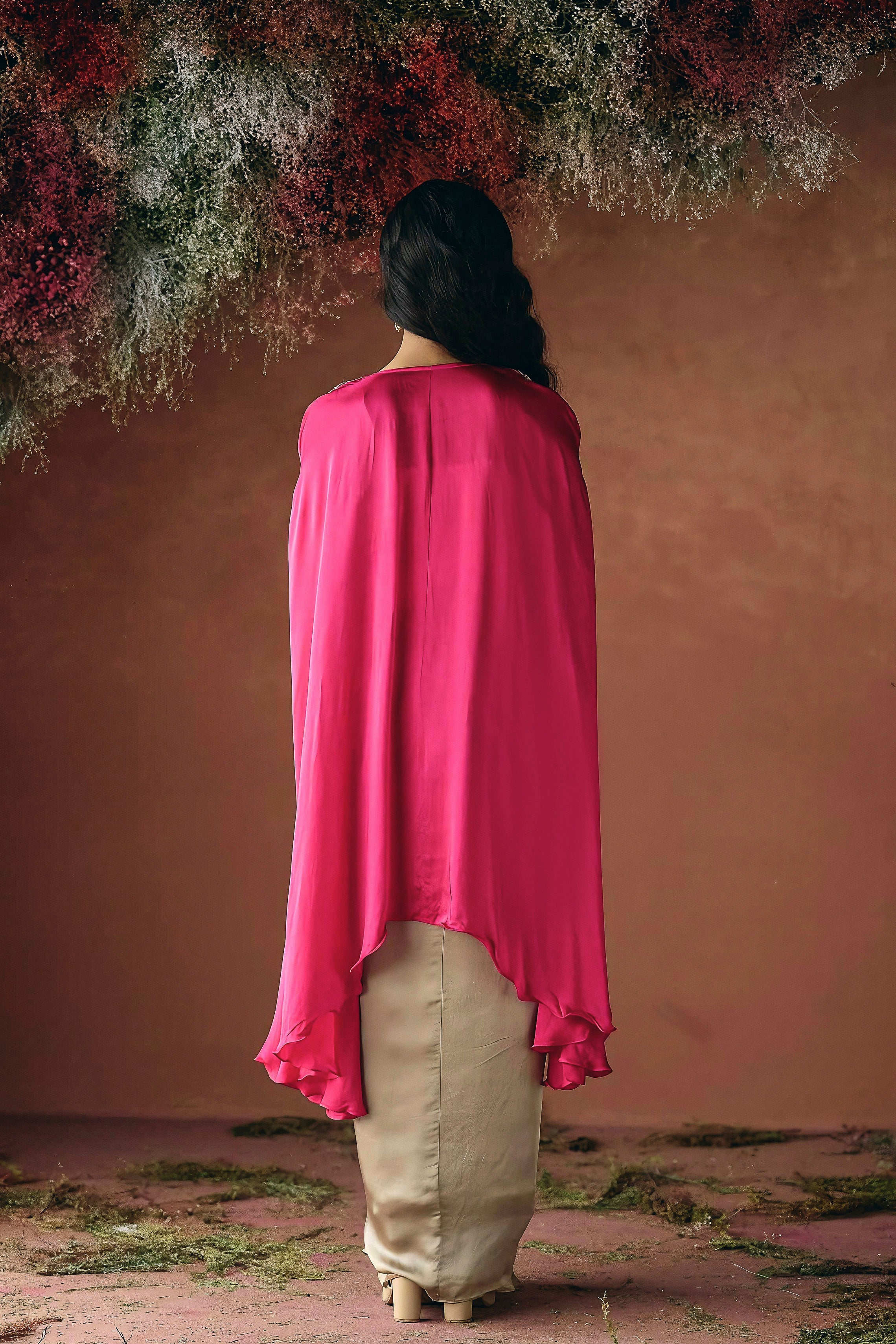 Vibrant Pink Embellished Satin Silk Drape Skirt Set - Image 7
