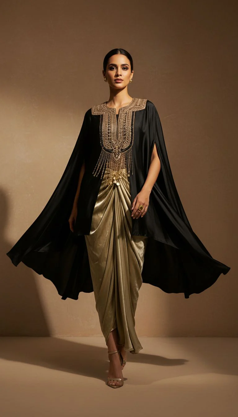 Classic Black Embellished Satin Silk Drape Skirt Set