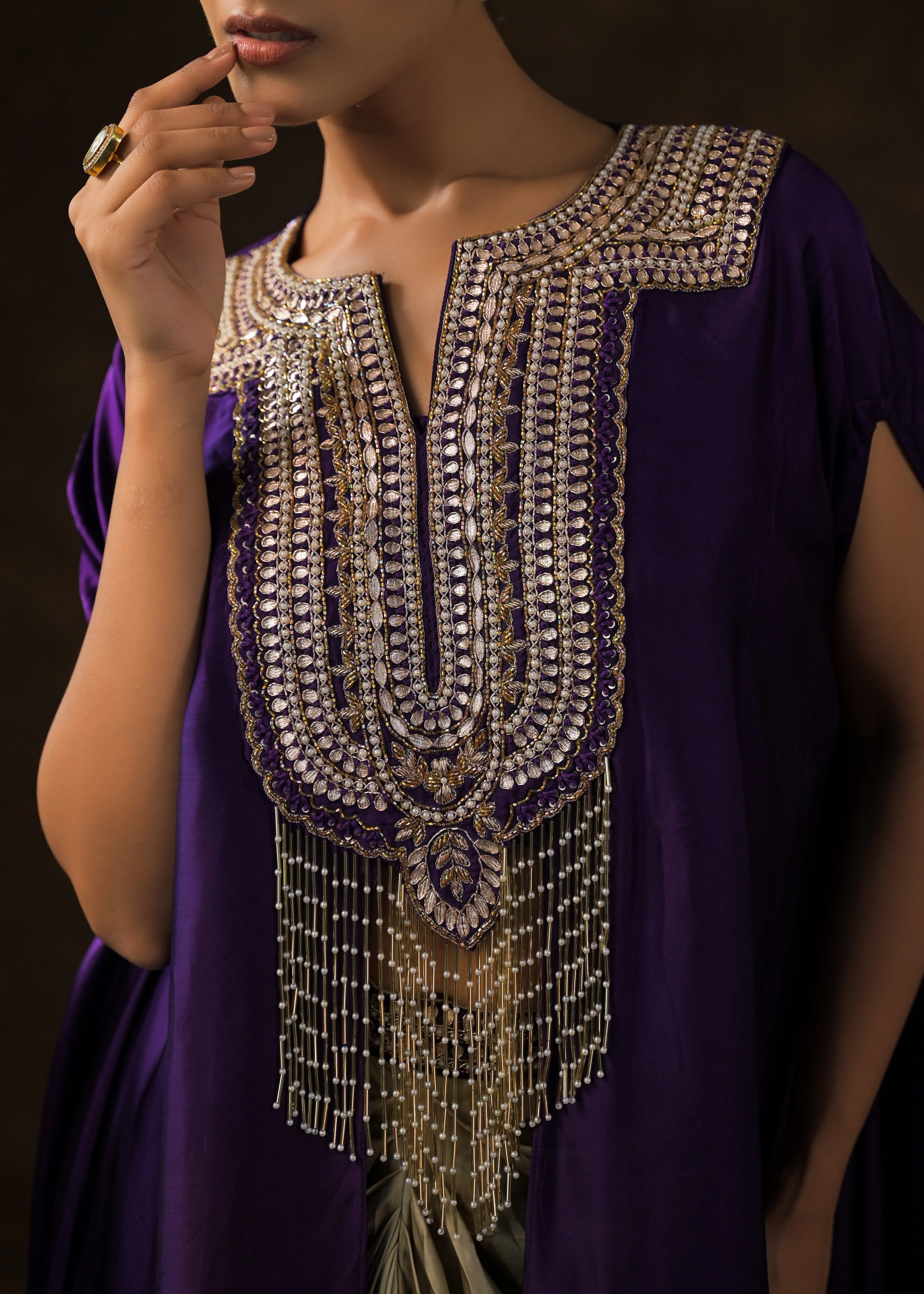 Royal Purple Embellished Satin Silk Drape Skirt Set - Image 2