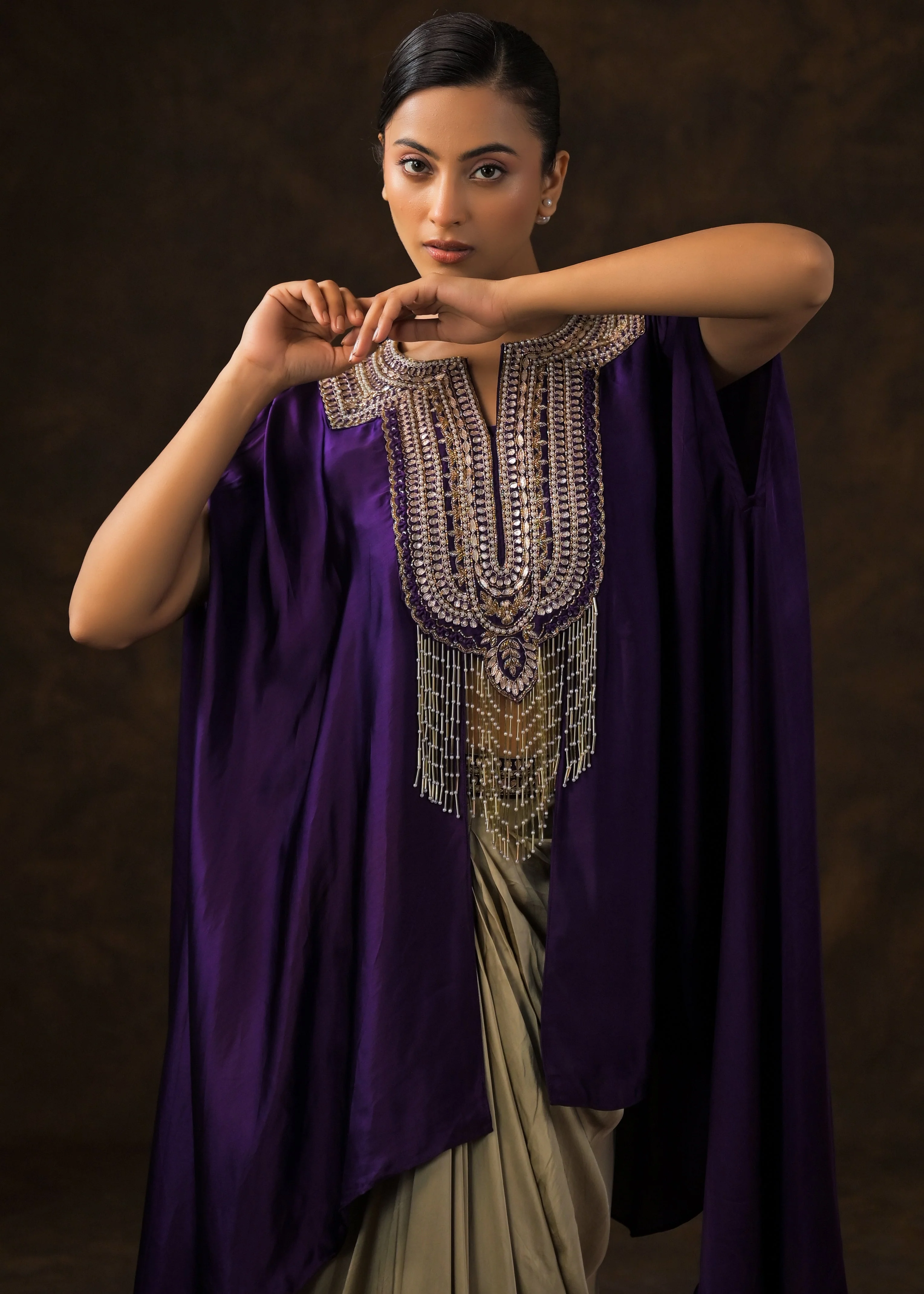 Royal Purple Embellished Satin Silk Drape Skirt Set - Image 3