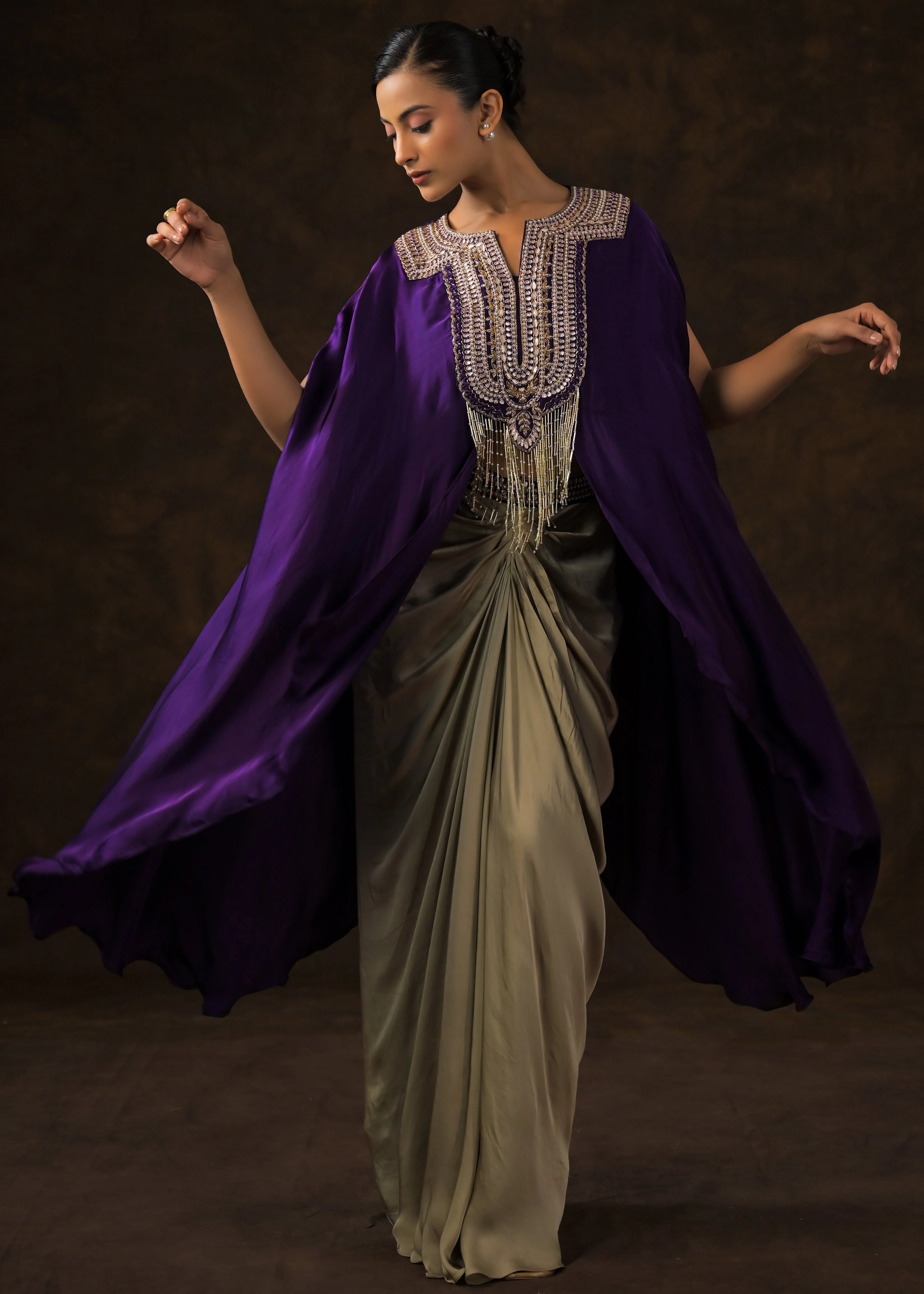 Royal Purple Embellished Satin Silk Drape Skirt Set - Image 4