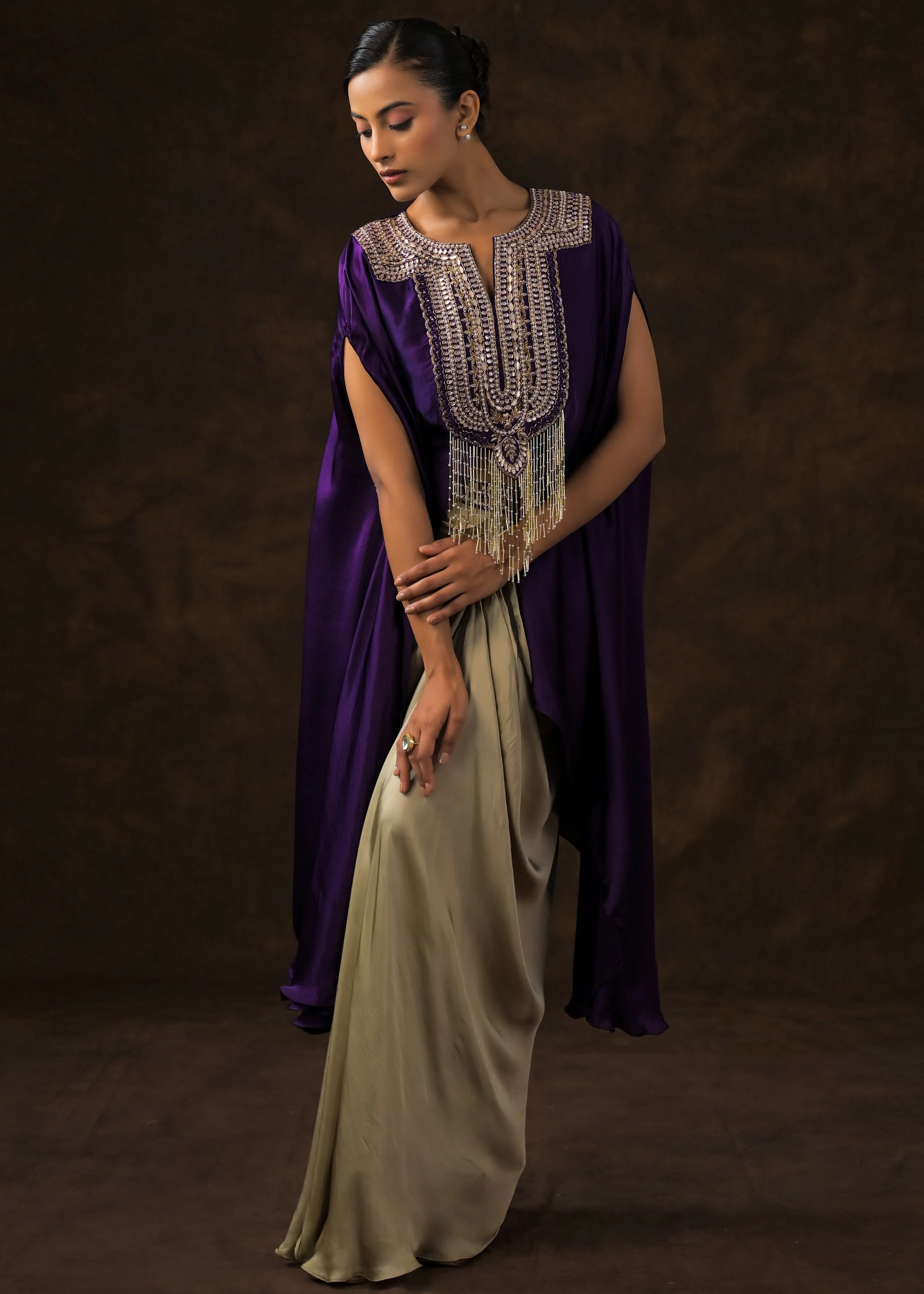 Royal Purple Embellished Satin Silk Drape Skirt Set - Image 5