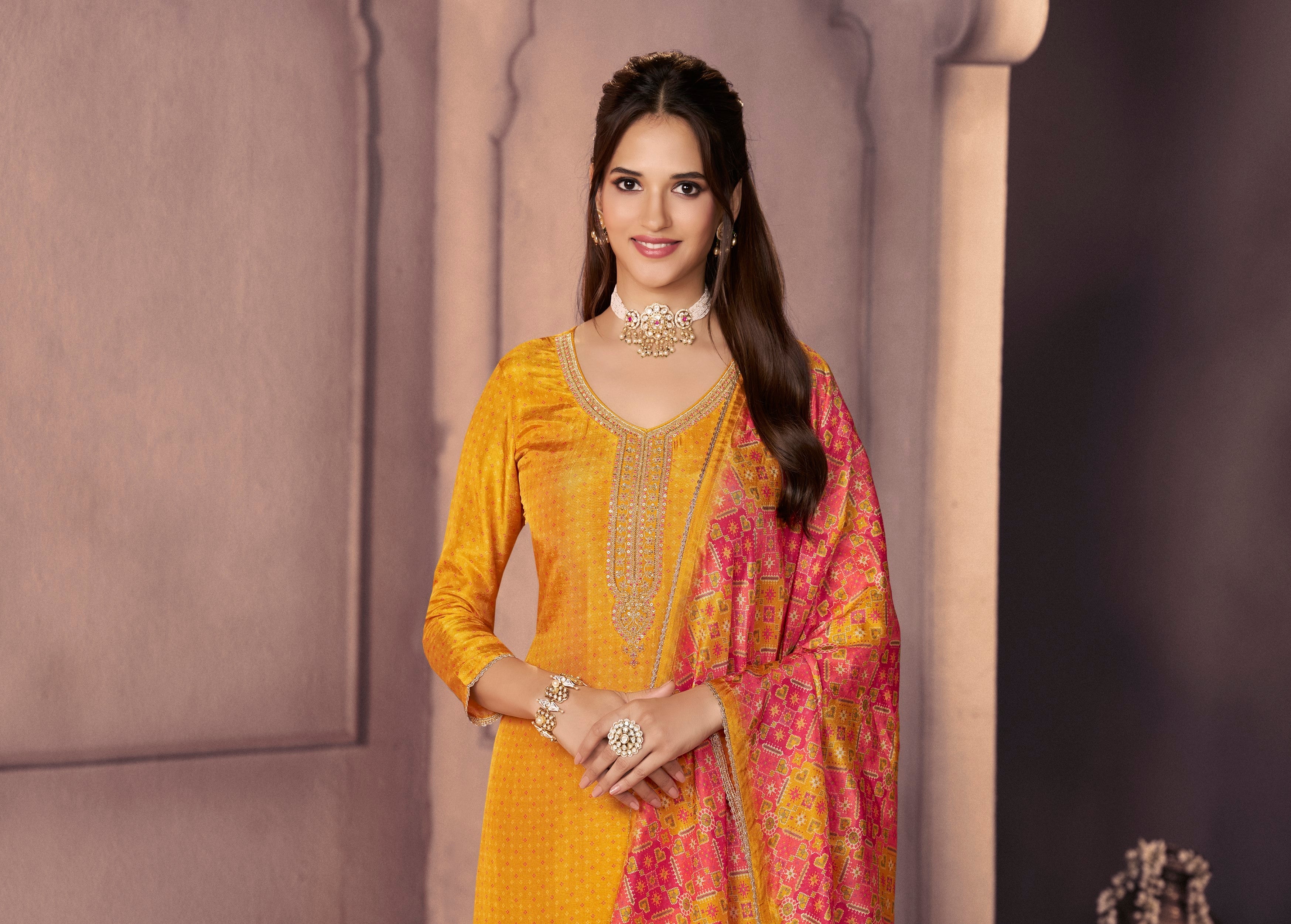 Deep Yellow Printed Dola Silk Pant Set - Image 2