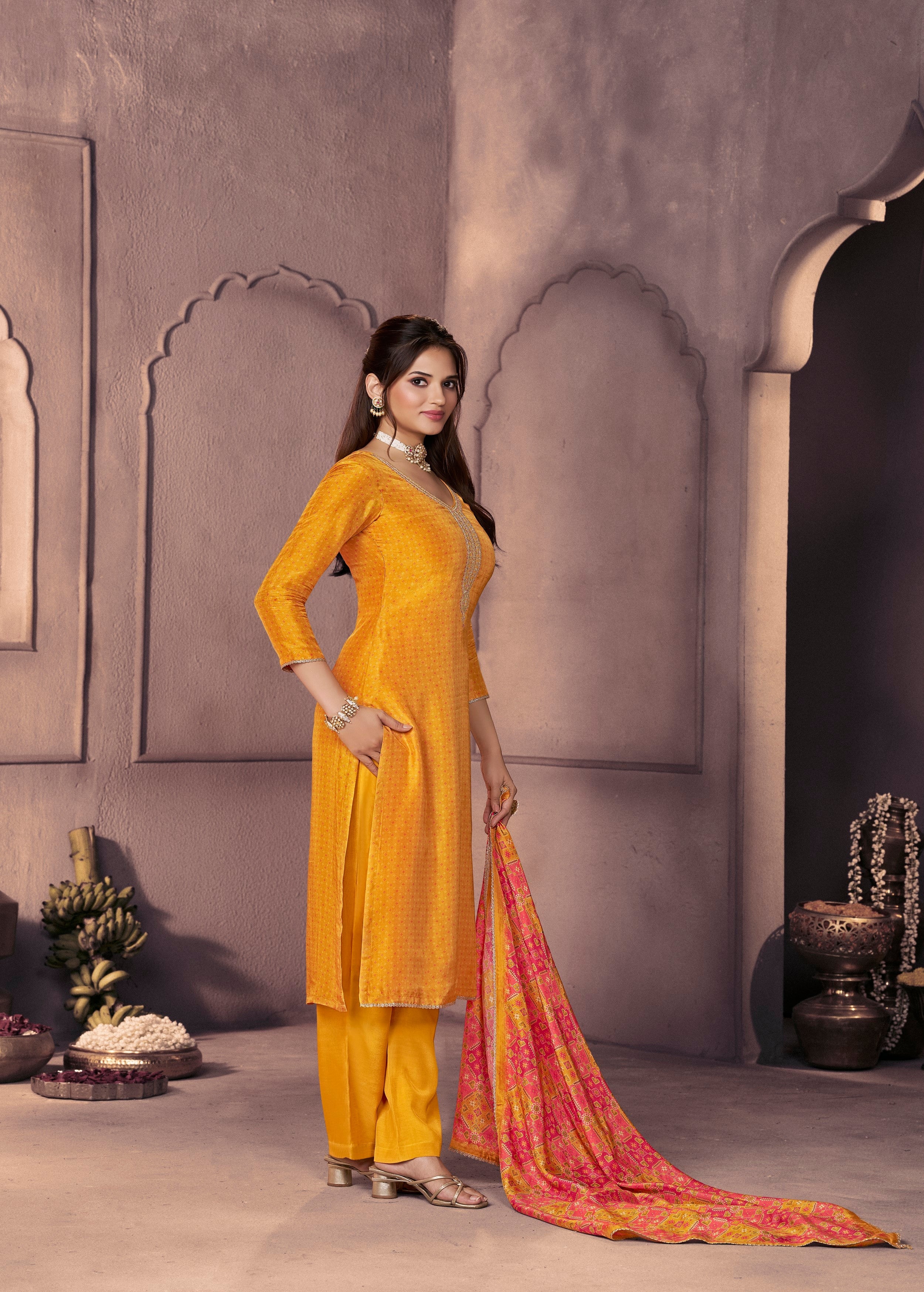 Deep Yellow Printed Dola Silk Pant Set - Image 3