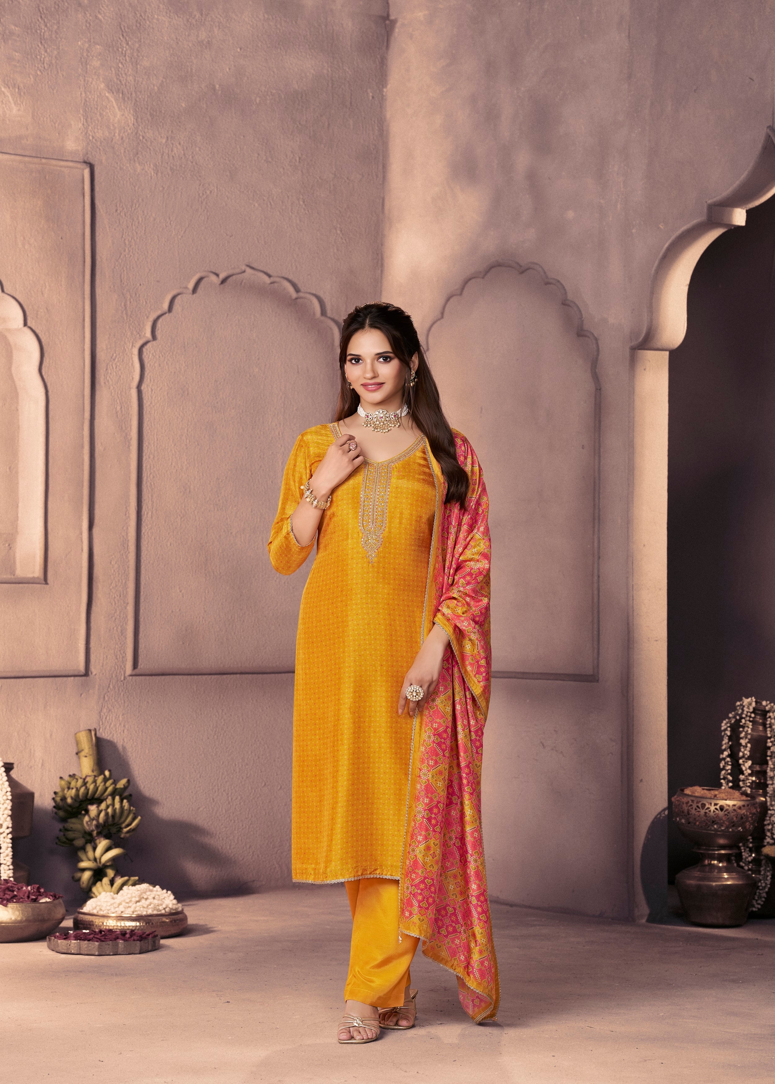 Deep Yellow Printed Dola Silk Pant Set - Image 4