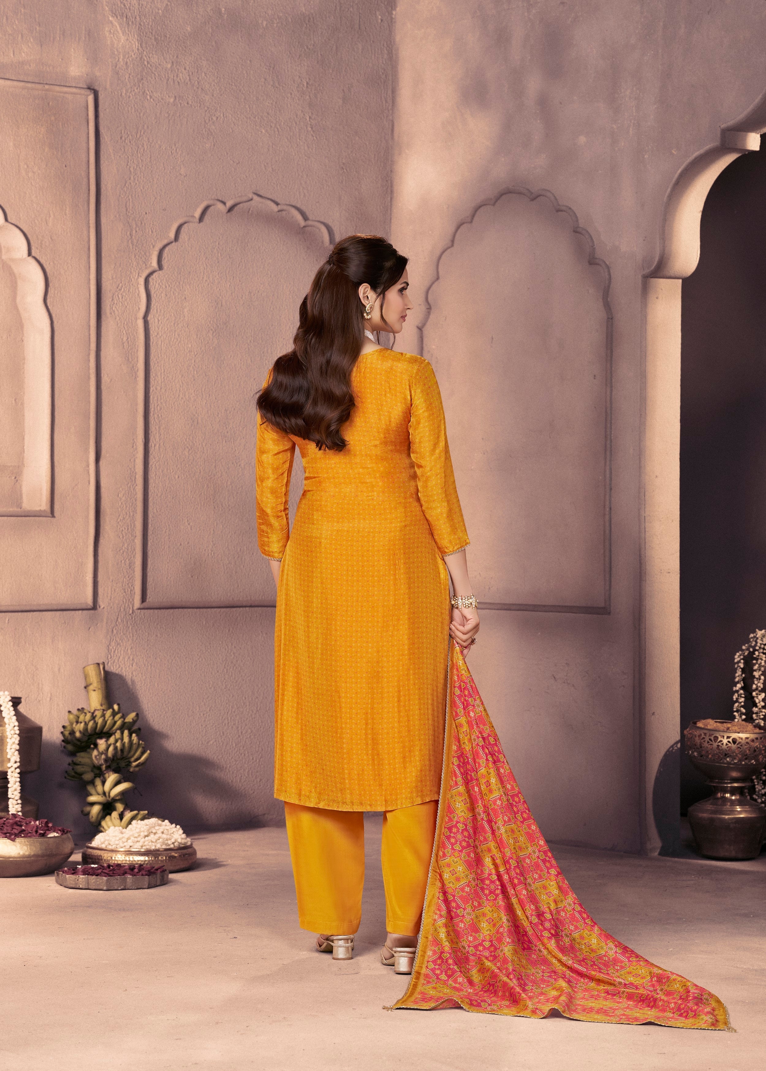 Deep Yellow Printed Dola Silk Pant Set - Image 5