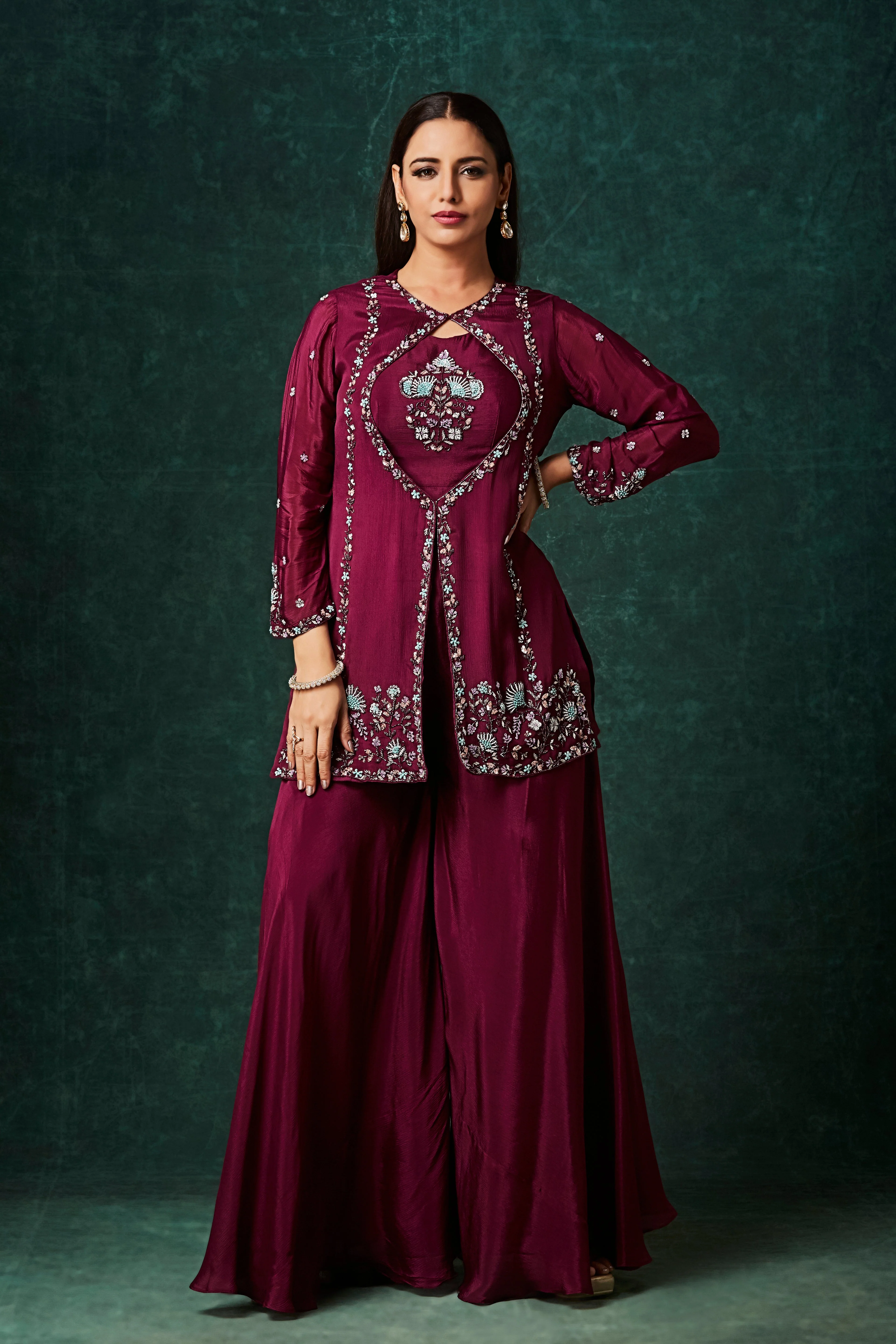 Wine Red Embellished Chinon Silk Palazzo Set