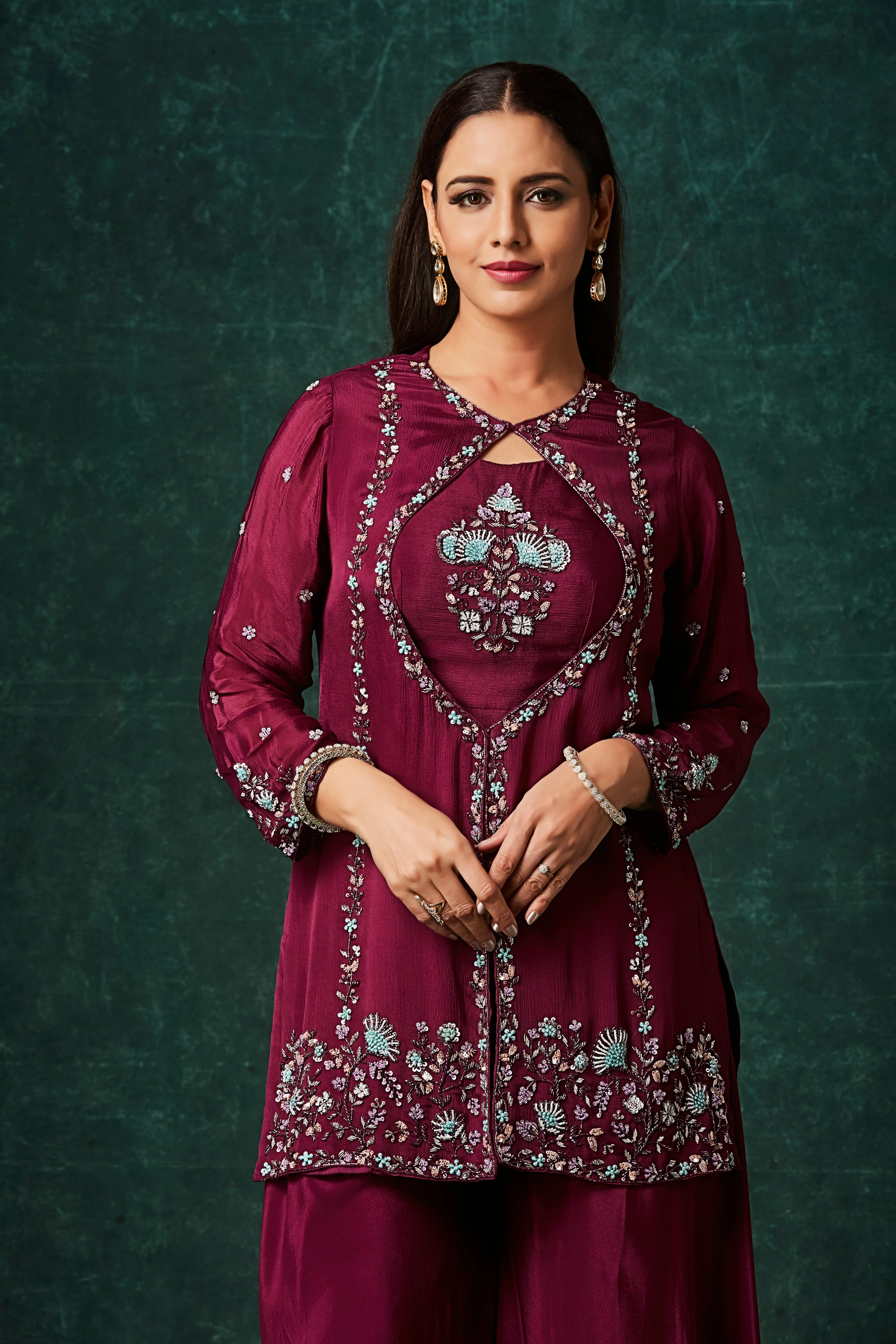 Wine Red Embellished Chinon Silk Palazzo Set - Image 2