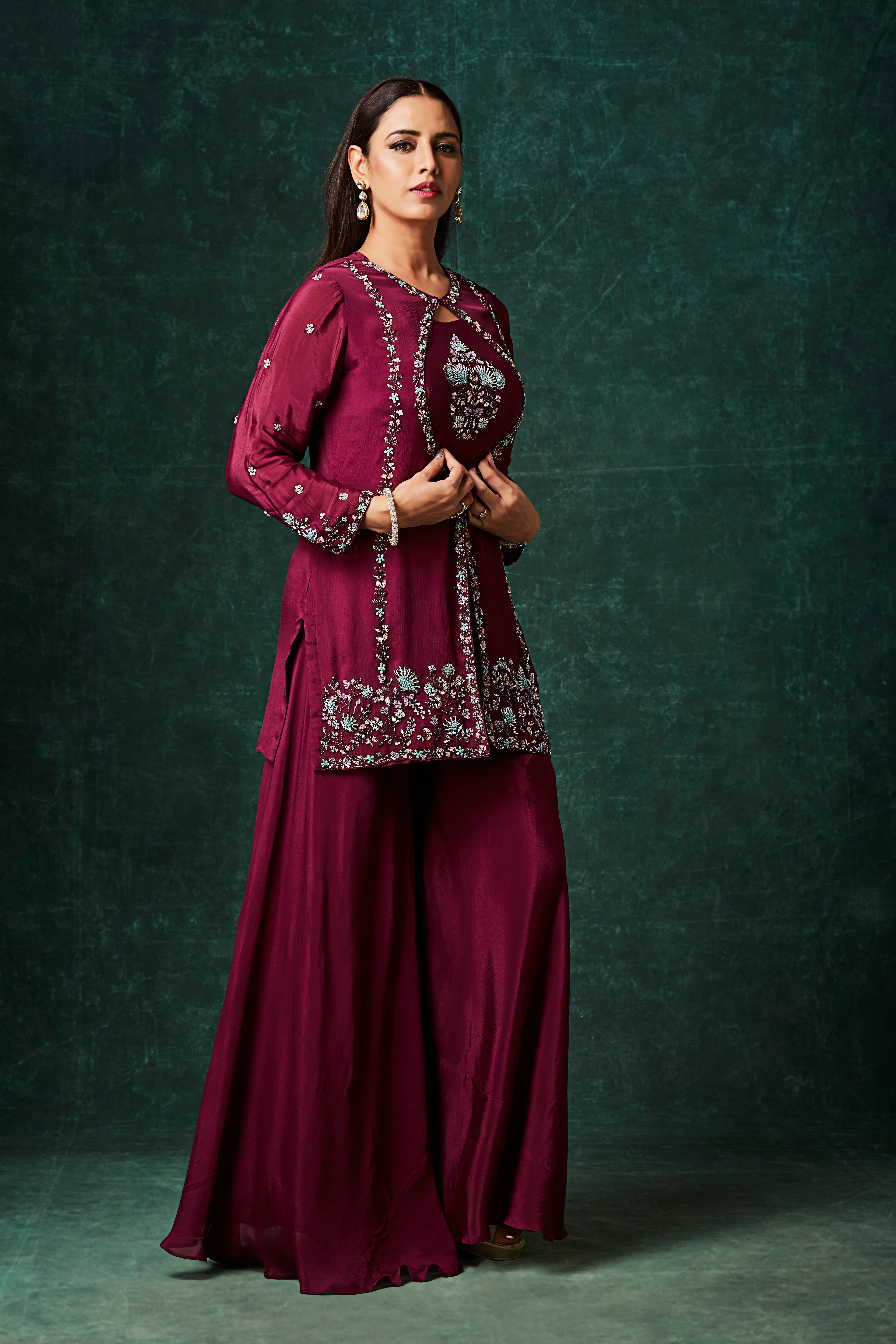 Wine Red Embellished Chinon Silk Palazzo Set - Image 3