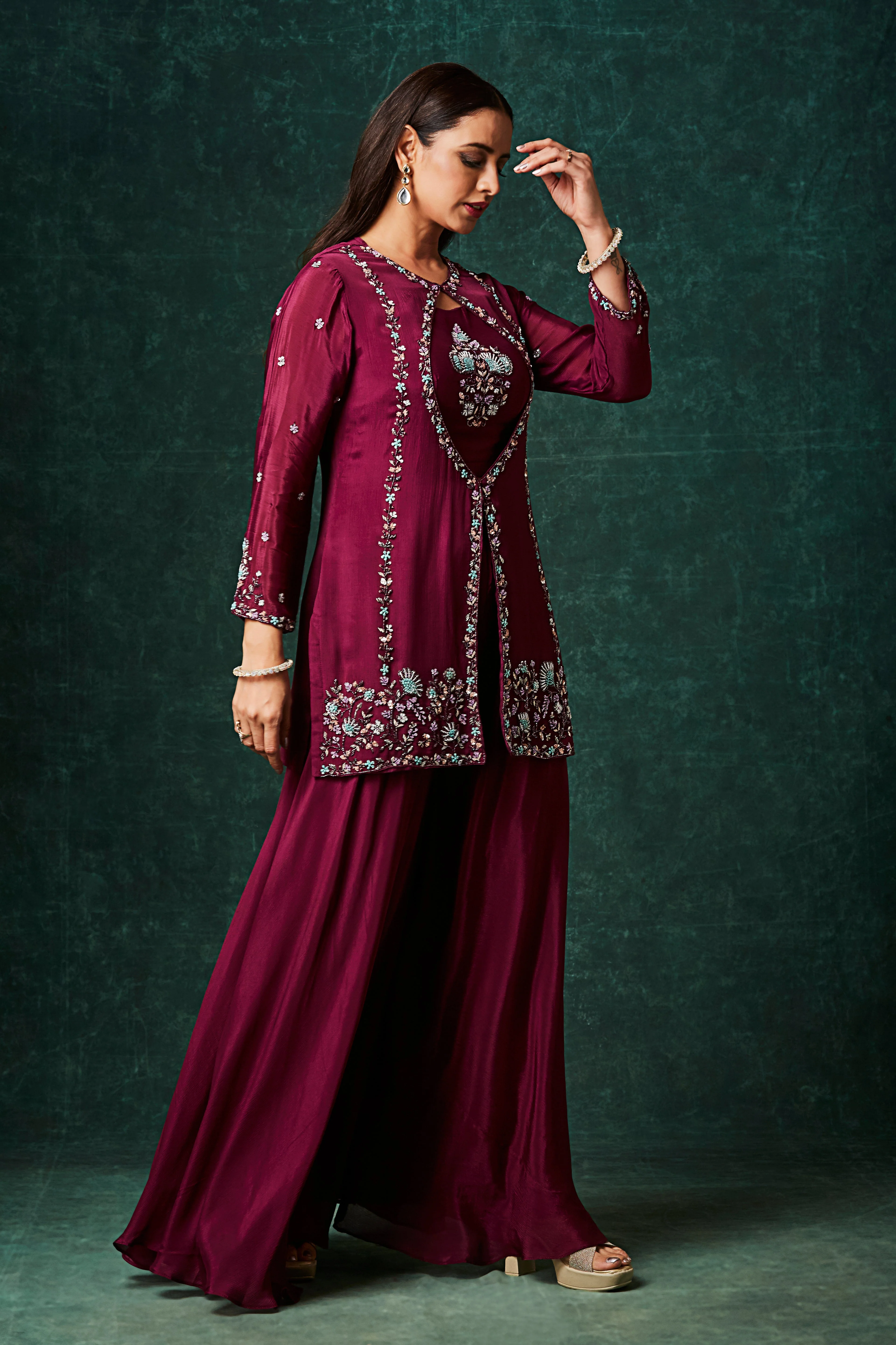 Wine Red Embellished Chinon Silk Palazzo Set - Image 4