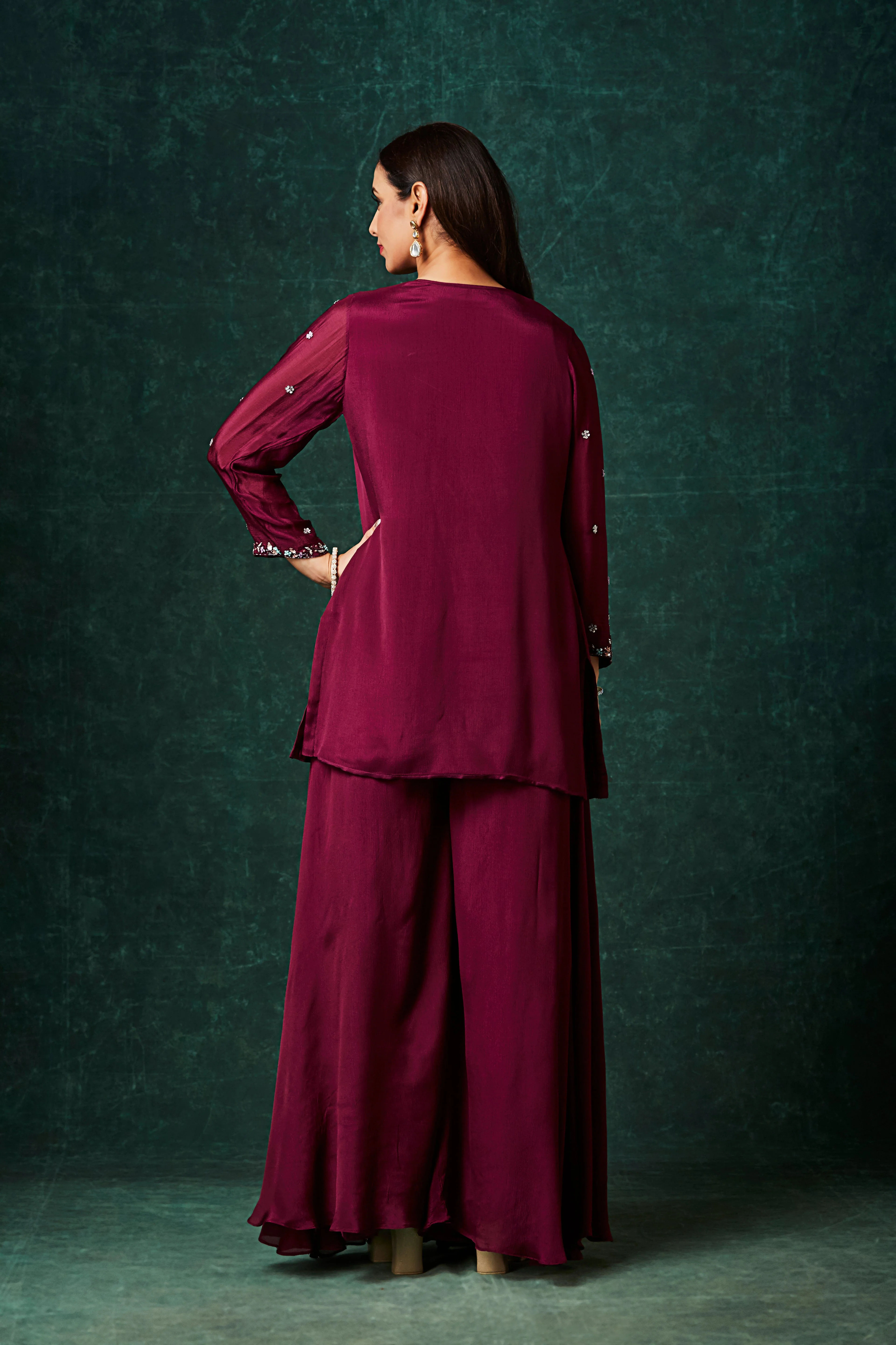 Wine Red Embellished Chinon Silk Palazzo Set - Image 5