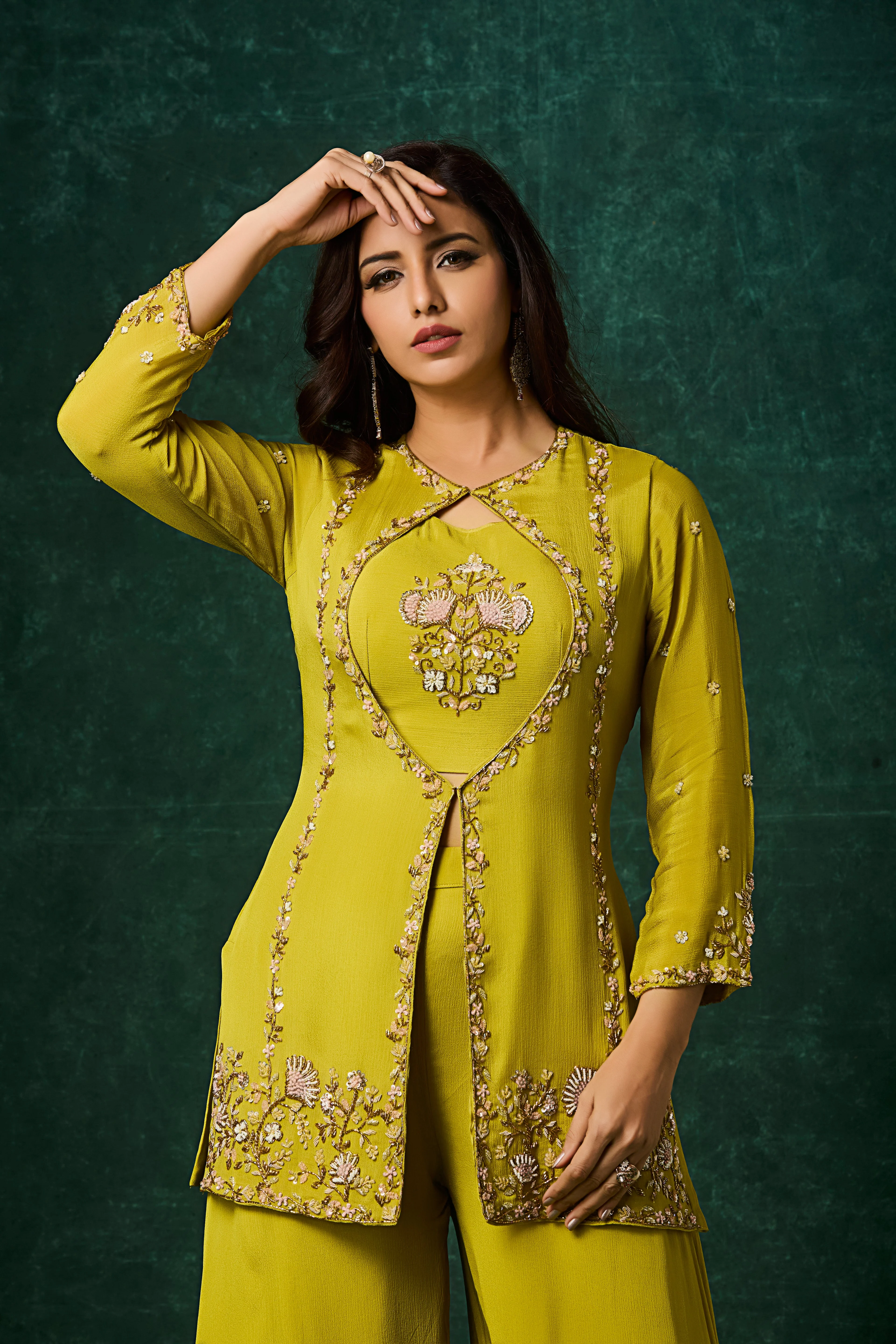 Lime Green Embellished Chinon Silk Palazzo Set - Image 2