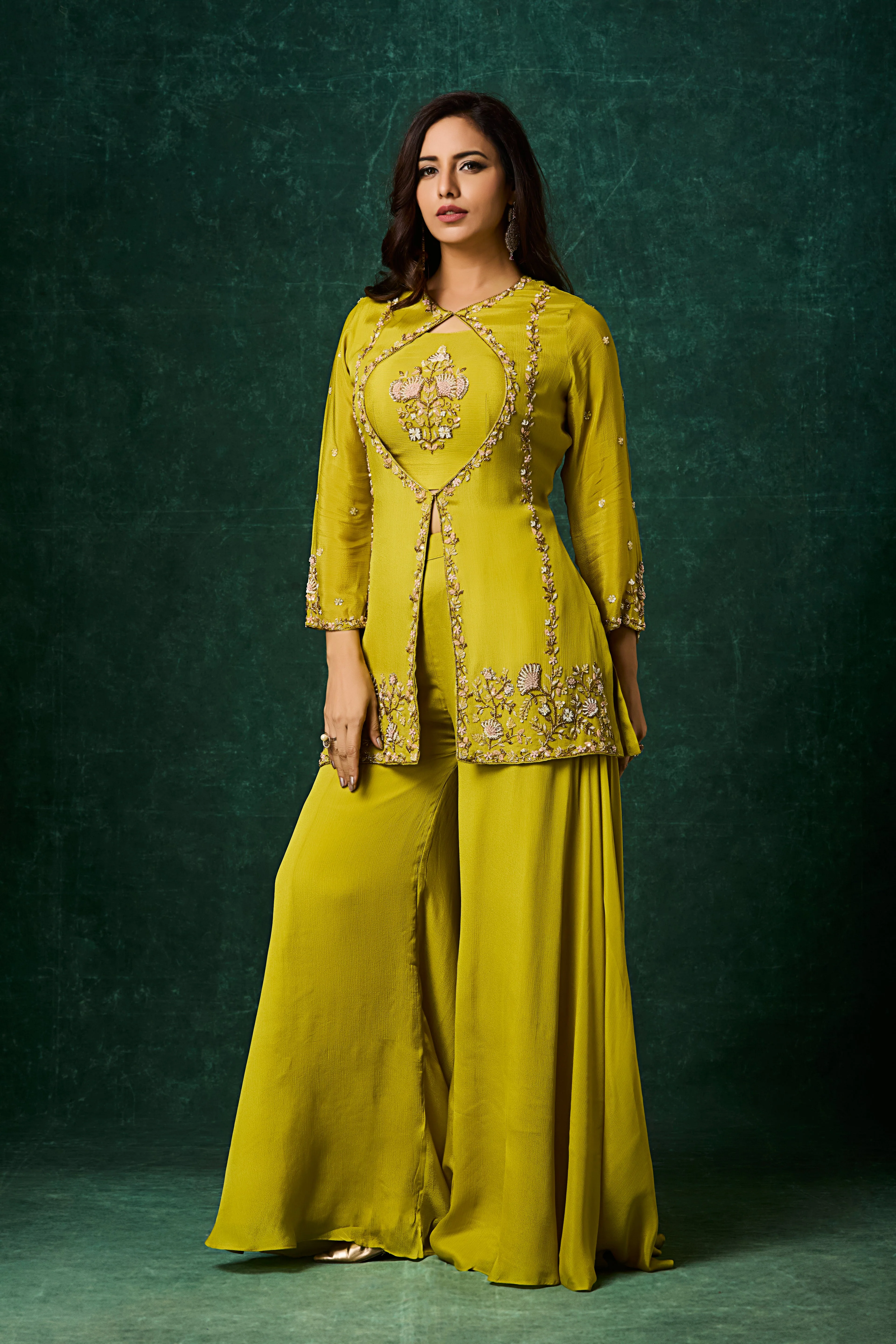 Lime Green Embellished Chinon Silk Palazzo Set - Image 3