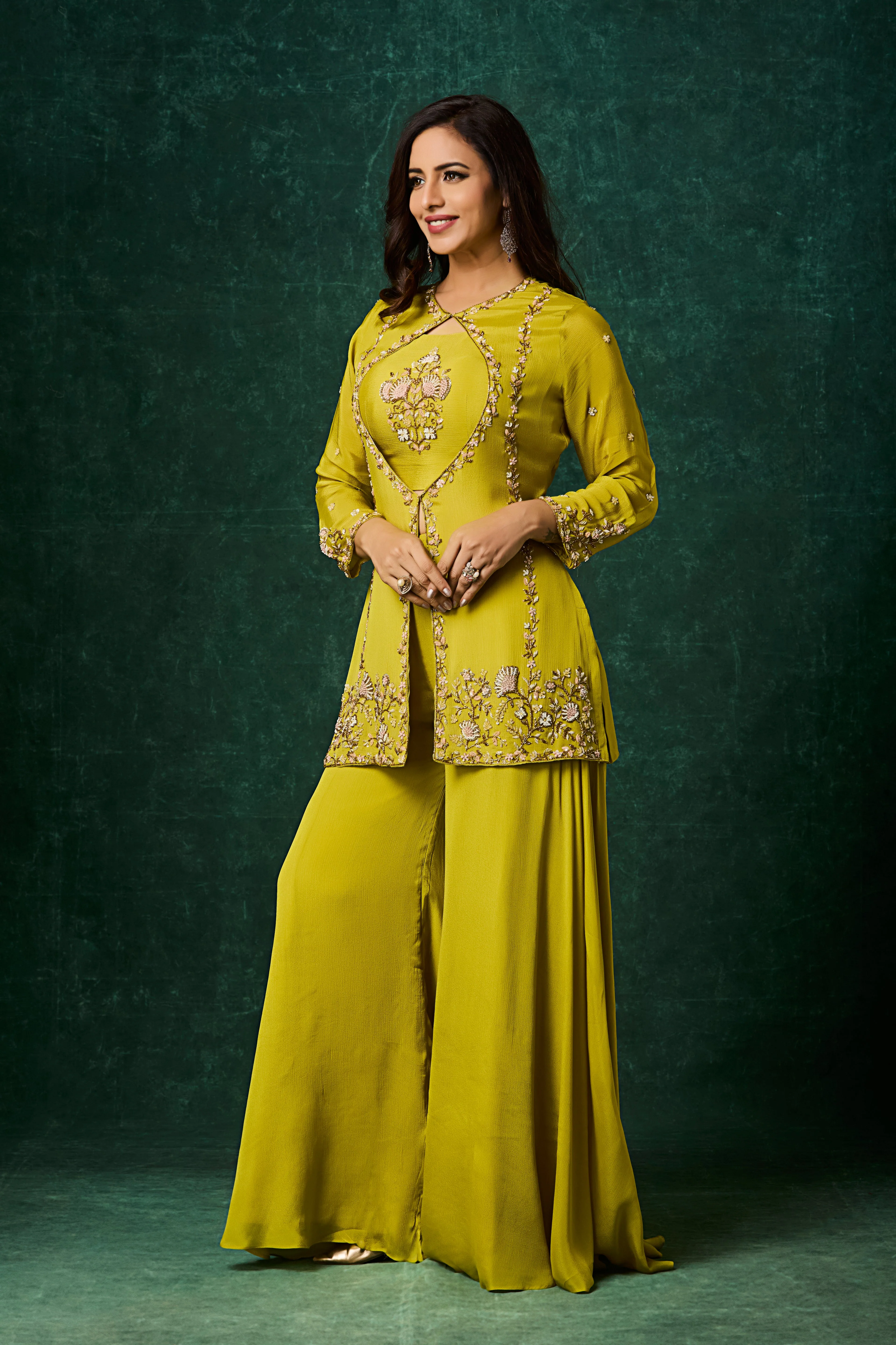Lime Green Embellished Chinon Silk Palazzo Set - Image 4
