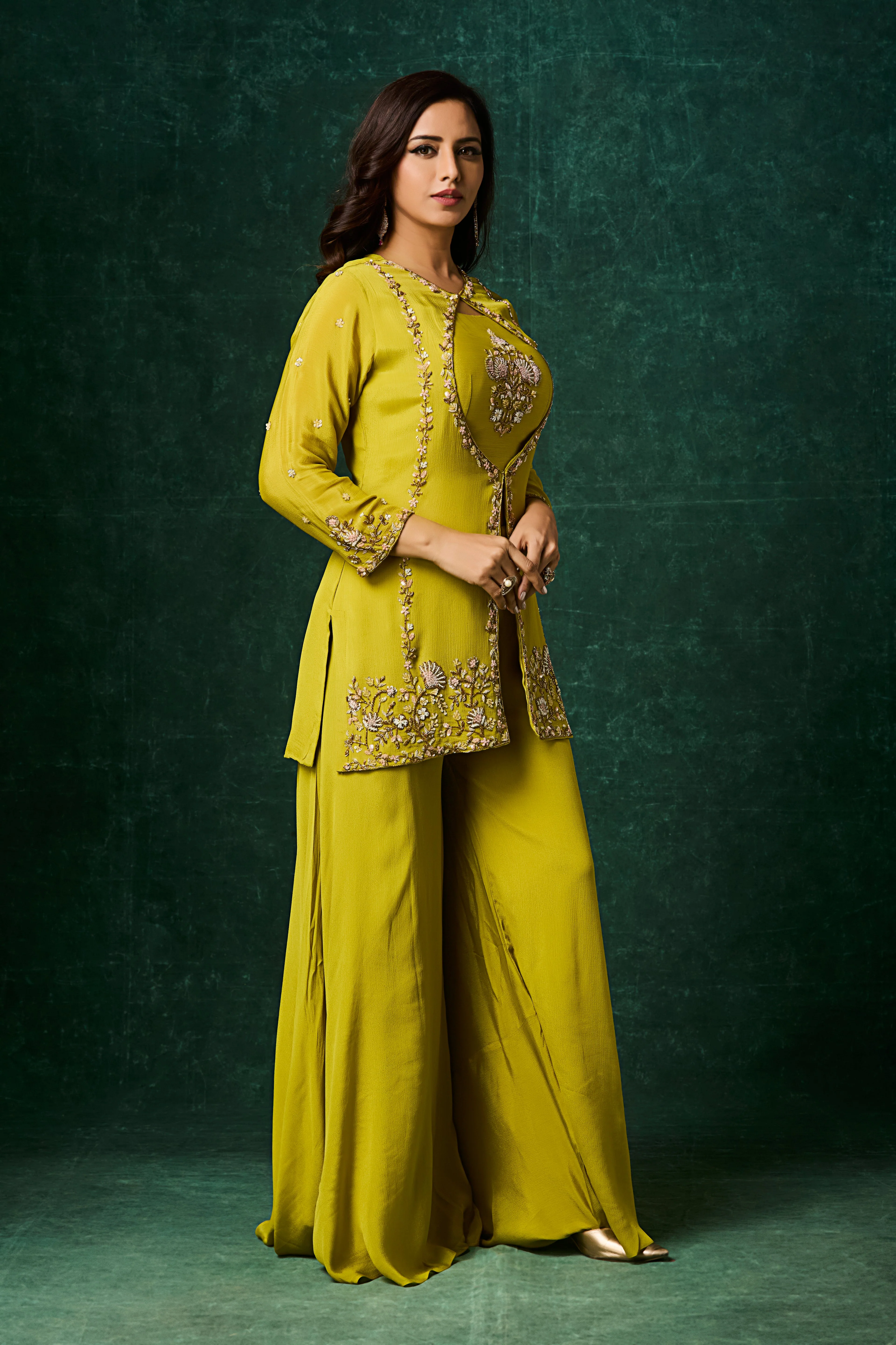 Lime Green Embellished Chinon Silk Palazzo Set - Image 5