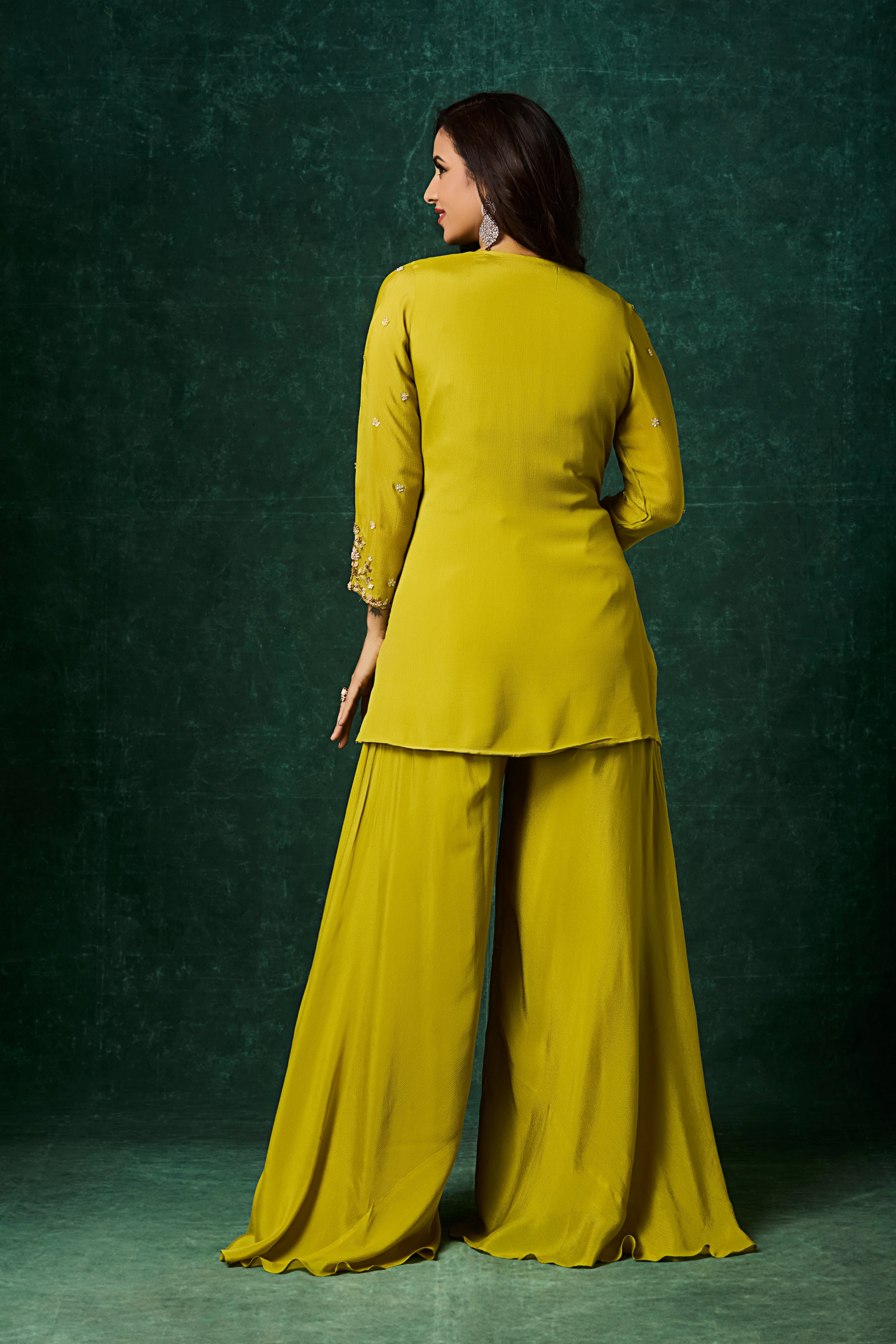 Lime Green Embellished Chinon Silk Palazzo Set - Image 6