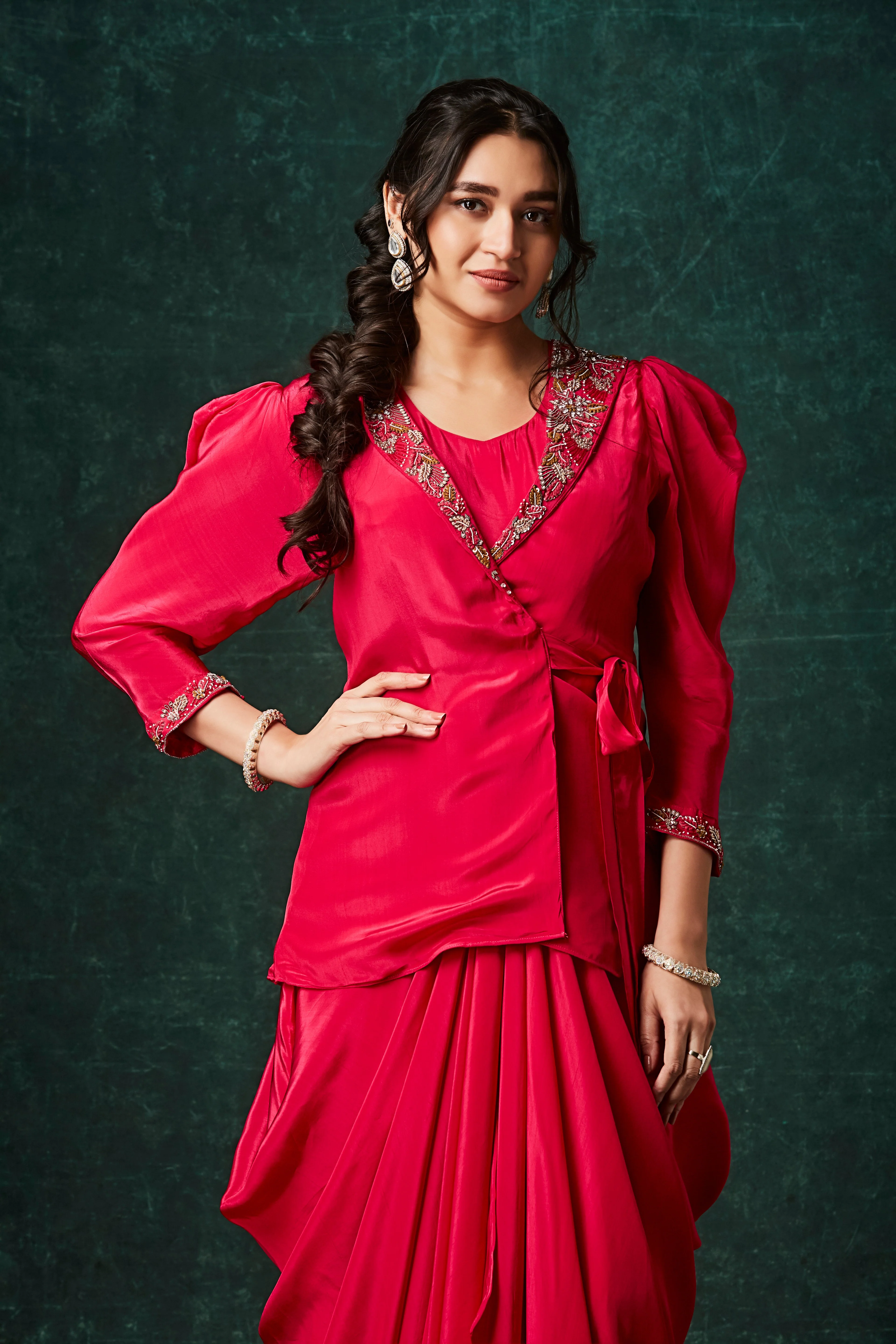 Vibrant Red Embellished Crepe Silk Skirt Set - Image 2