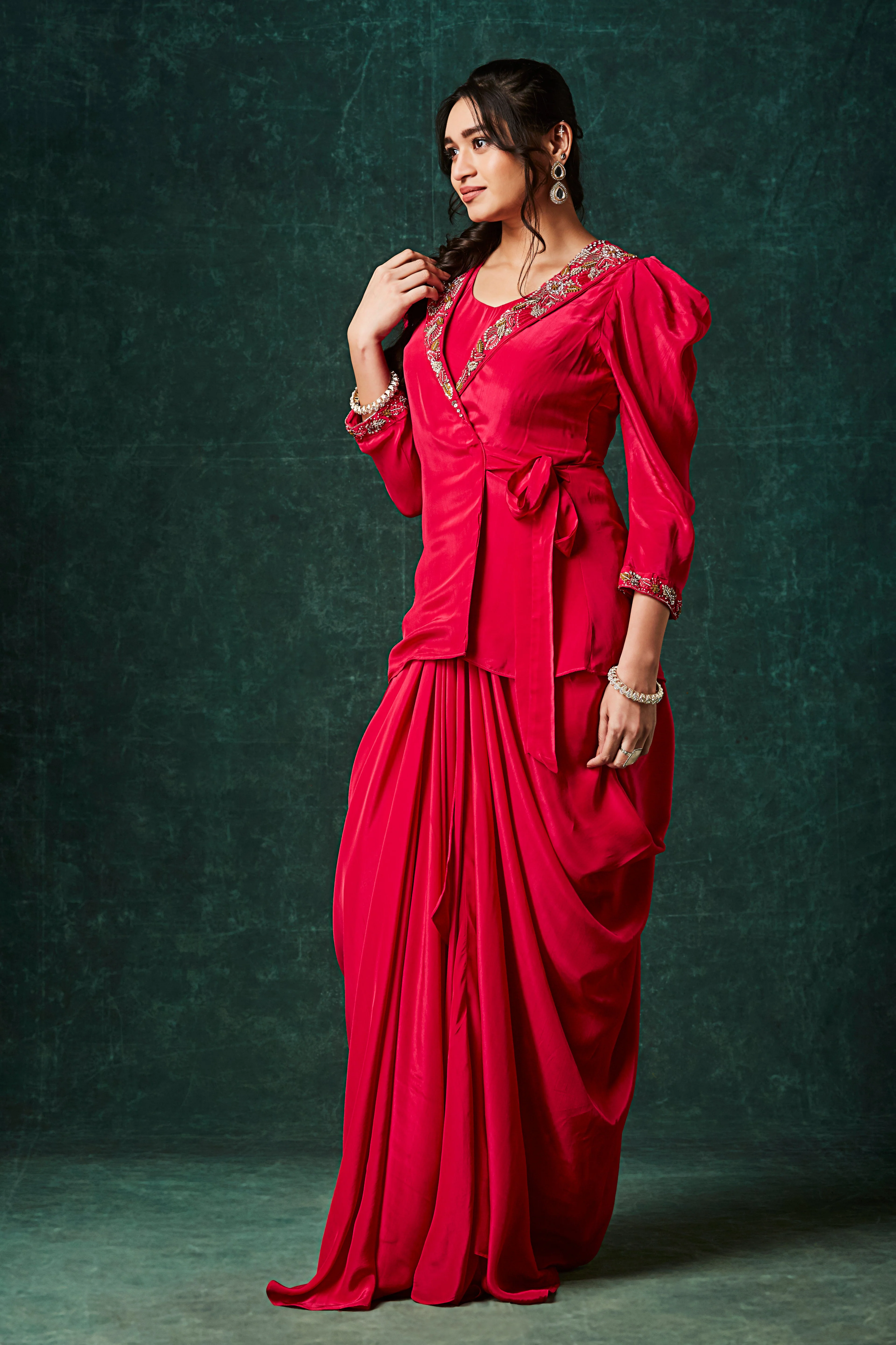 Vibrant Red Embellished Crepe Silk Skirt Set - Image 3