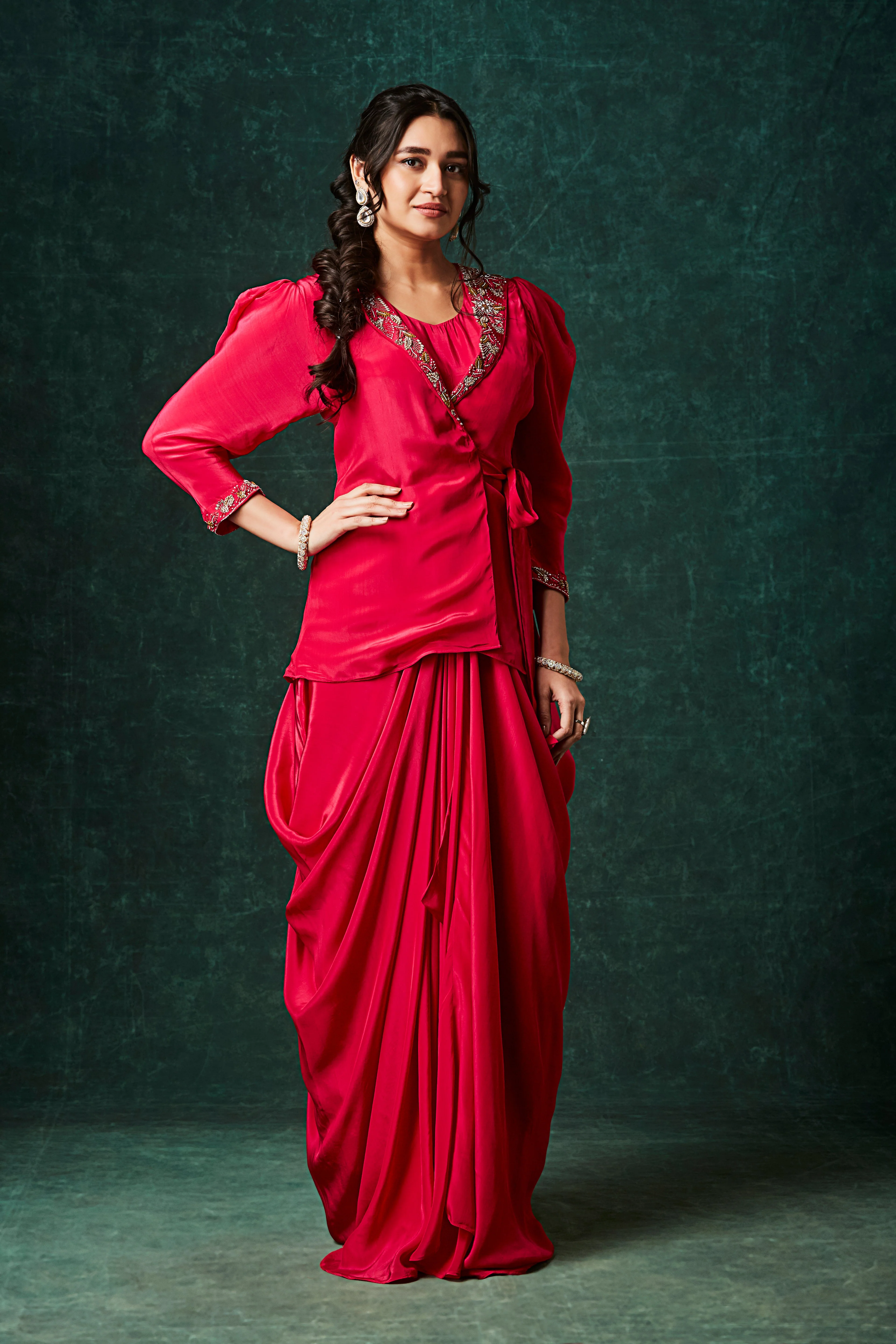 Vibrant Red Embellished Crepe Silk Skirt Set - Image 4