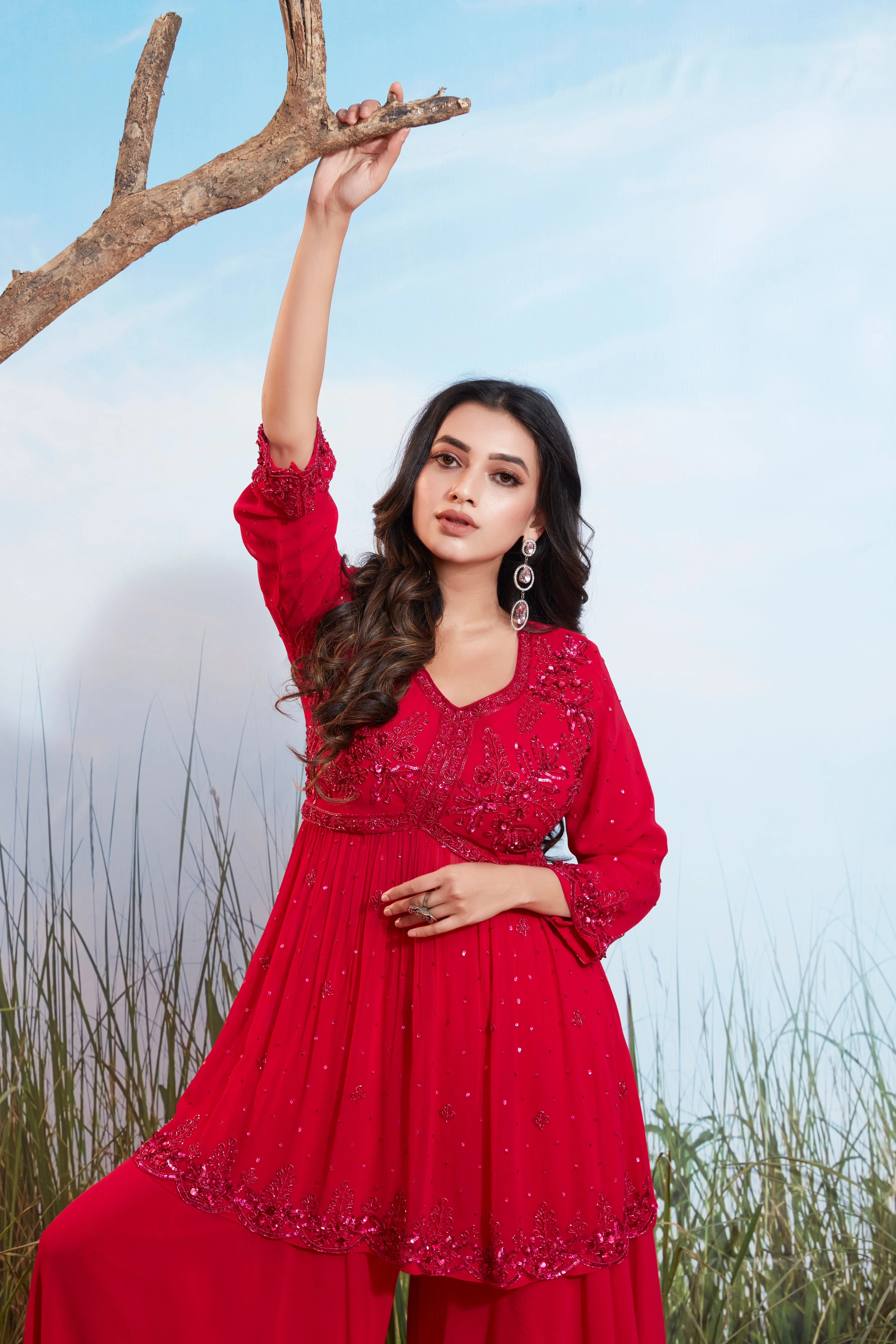 Cherry Red Embellished Georgette Silk Palazzo Set - Image 2