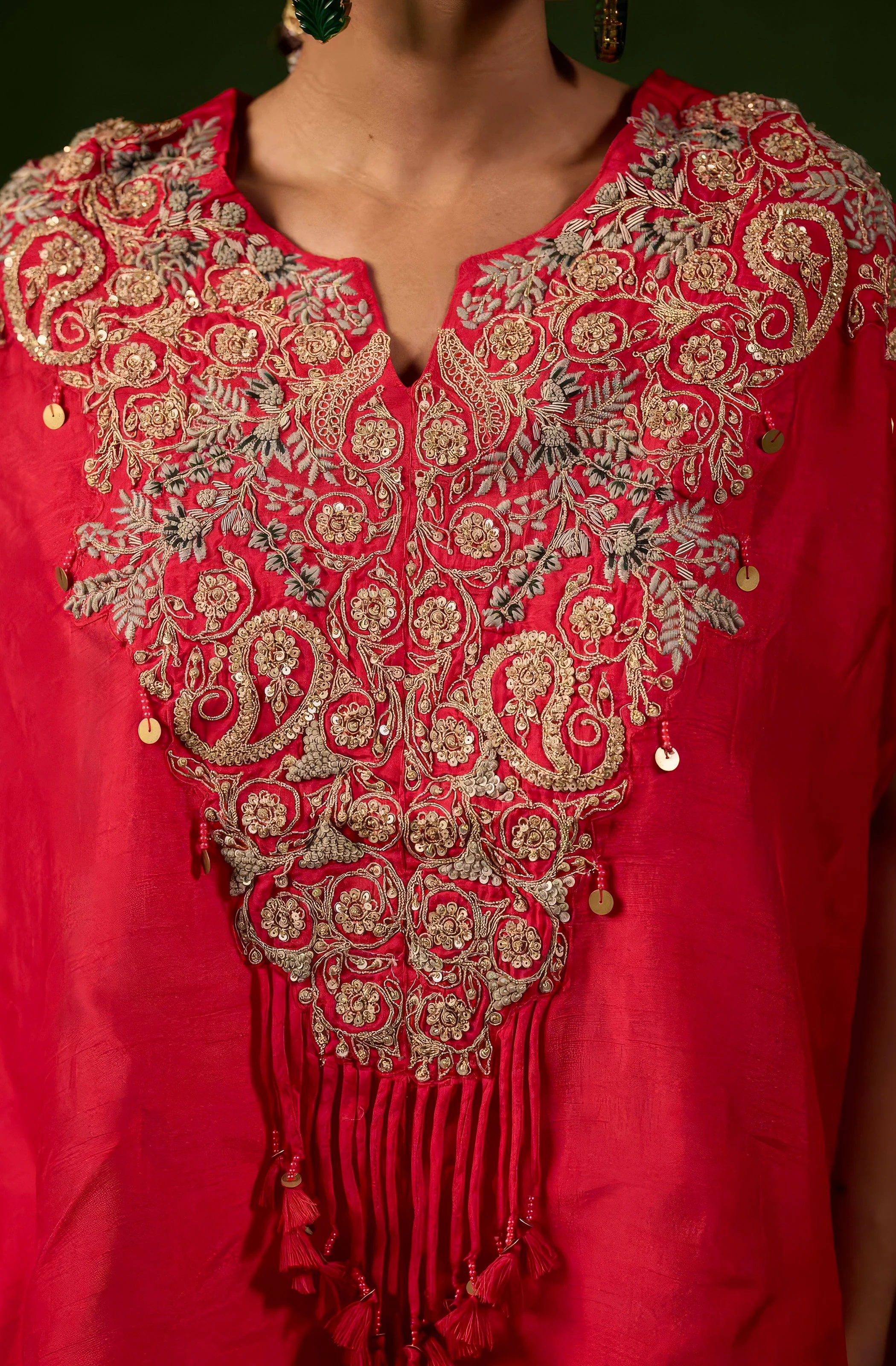 Vibrant Red Embellished Raw Silk Palazzo Set - Image 2