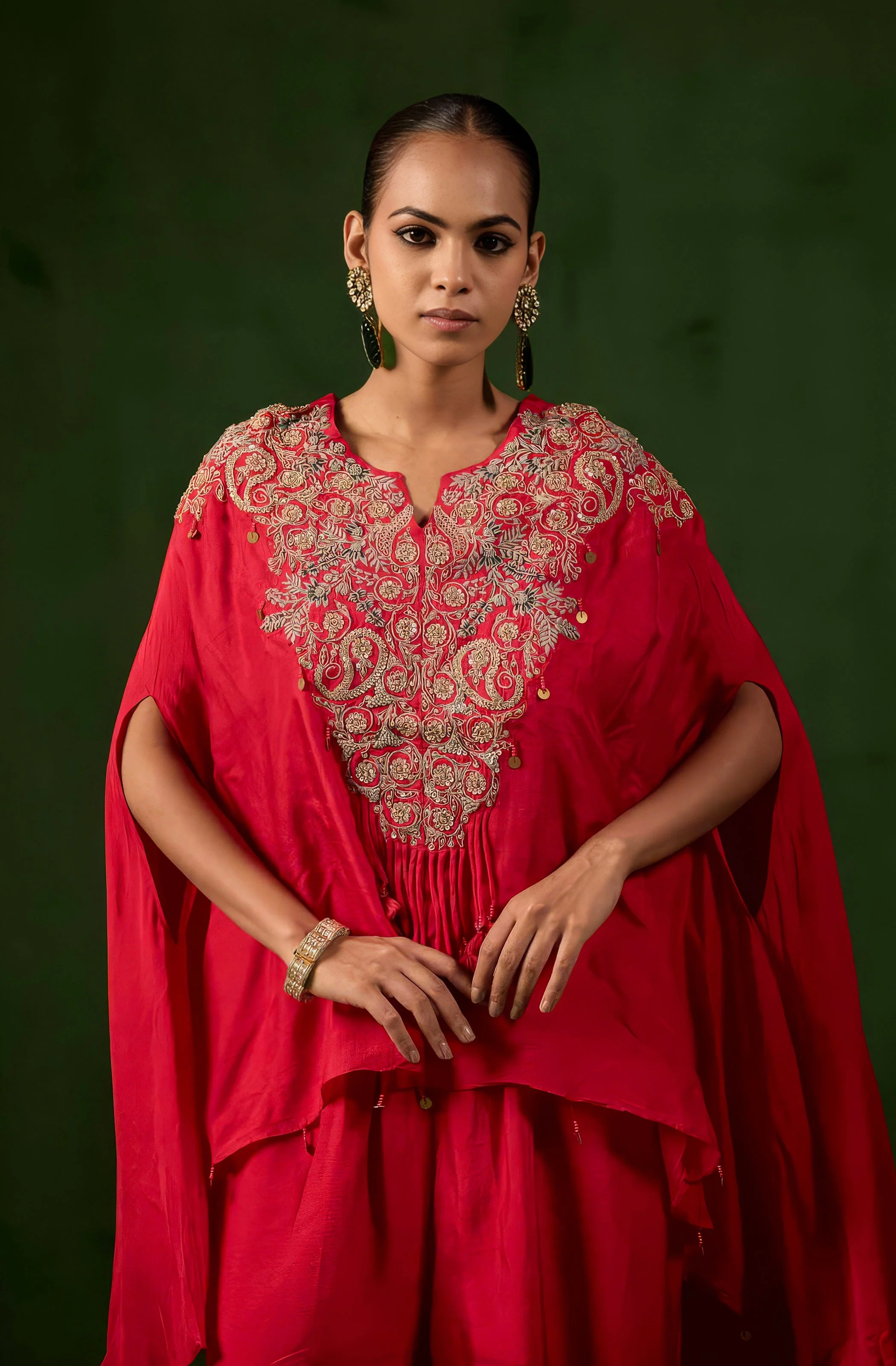 Vibrant Red Embellished Raw Silk Palazzo Set - Image 3