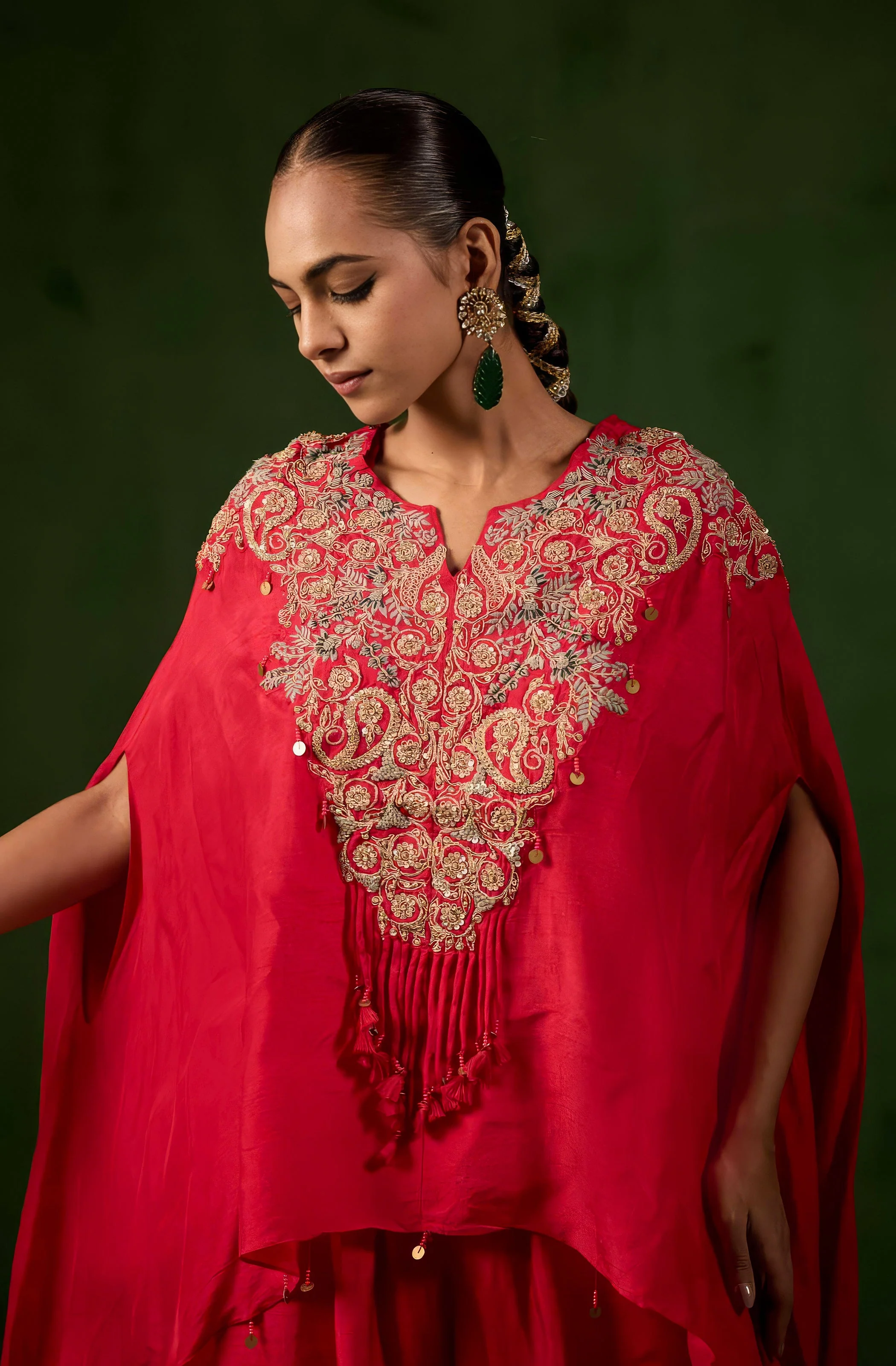 Vibrant Red Embellished Raw Silk Palazzo Set - Image 4