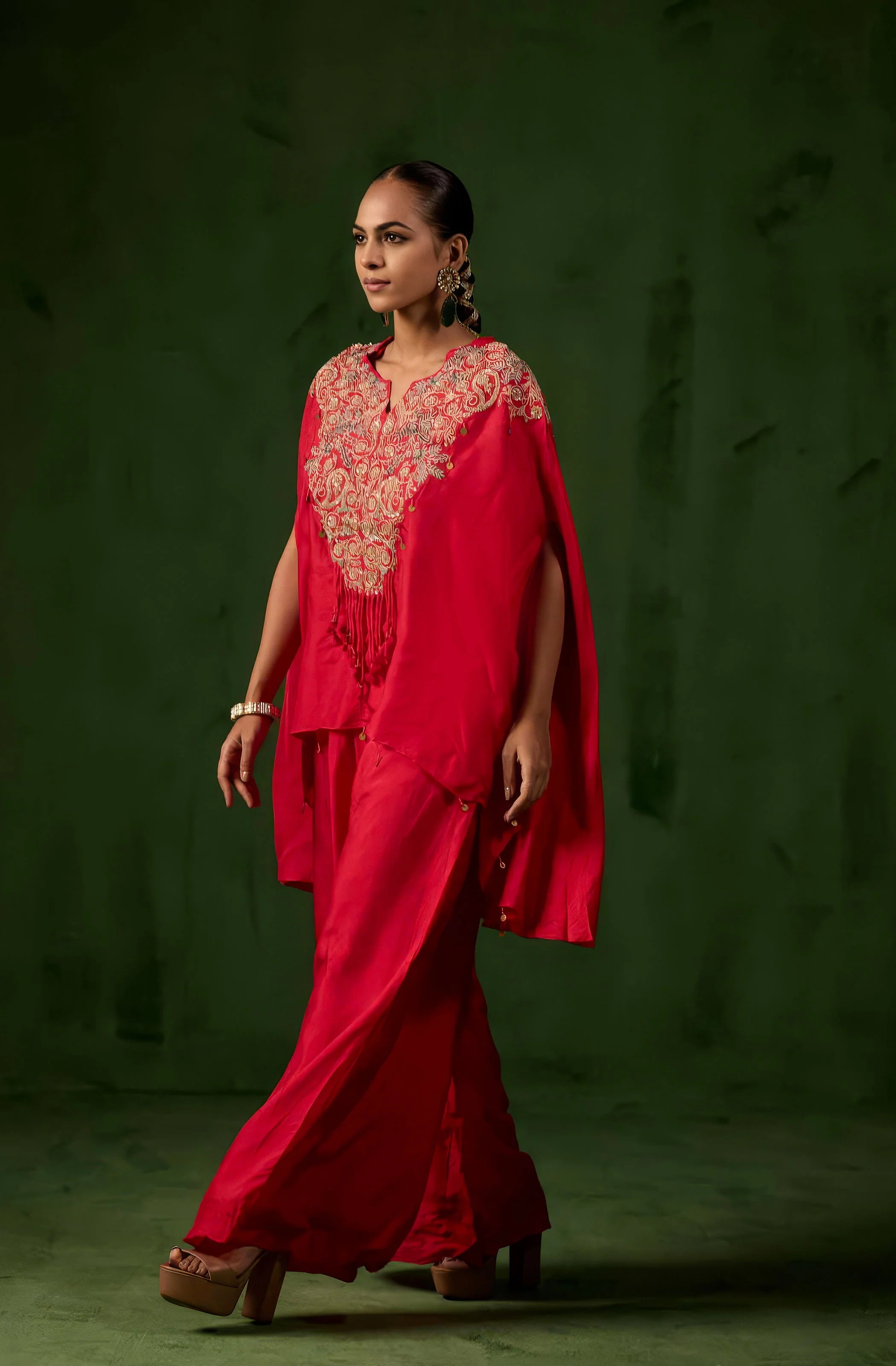Vibrant Red Embellished Raw Silk Palazzo Set - Image 5