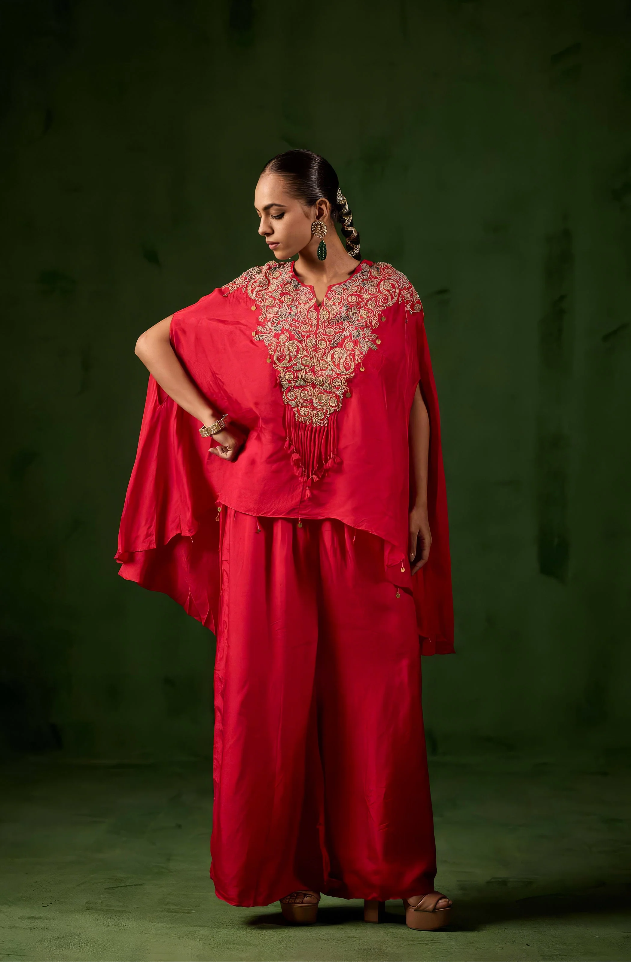 Vibrant Red Embellished Raw Silk Palazzo Set - Image 6