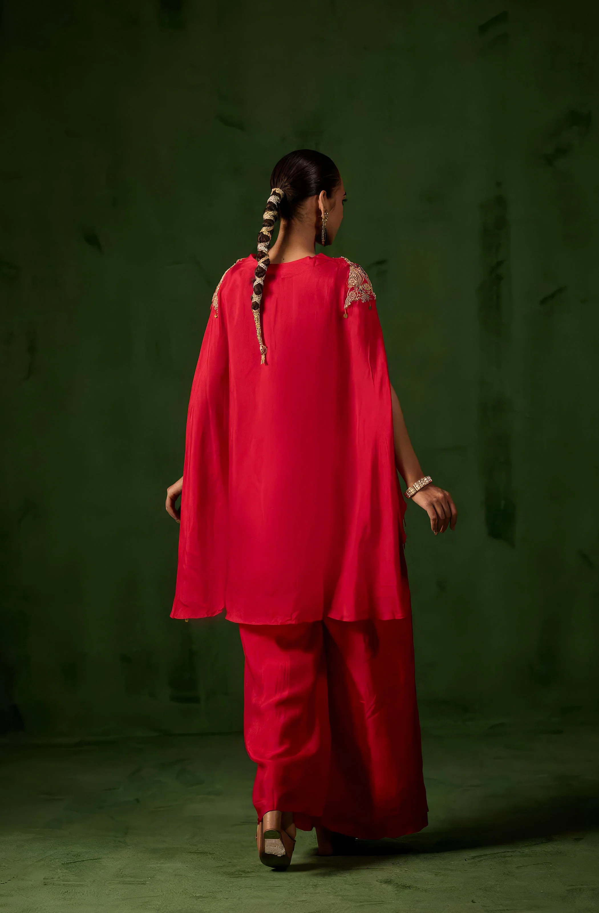 Vibrant Red Embellished Raw Silk Palazzo Set - Image 7