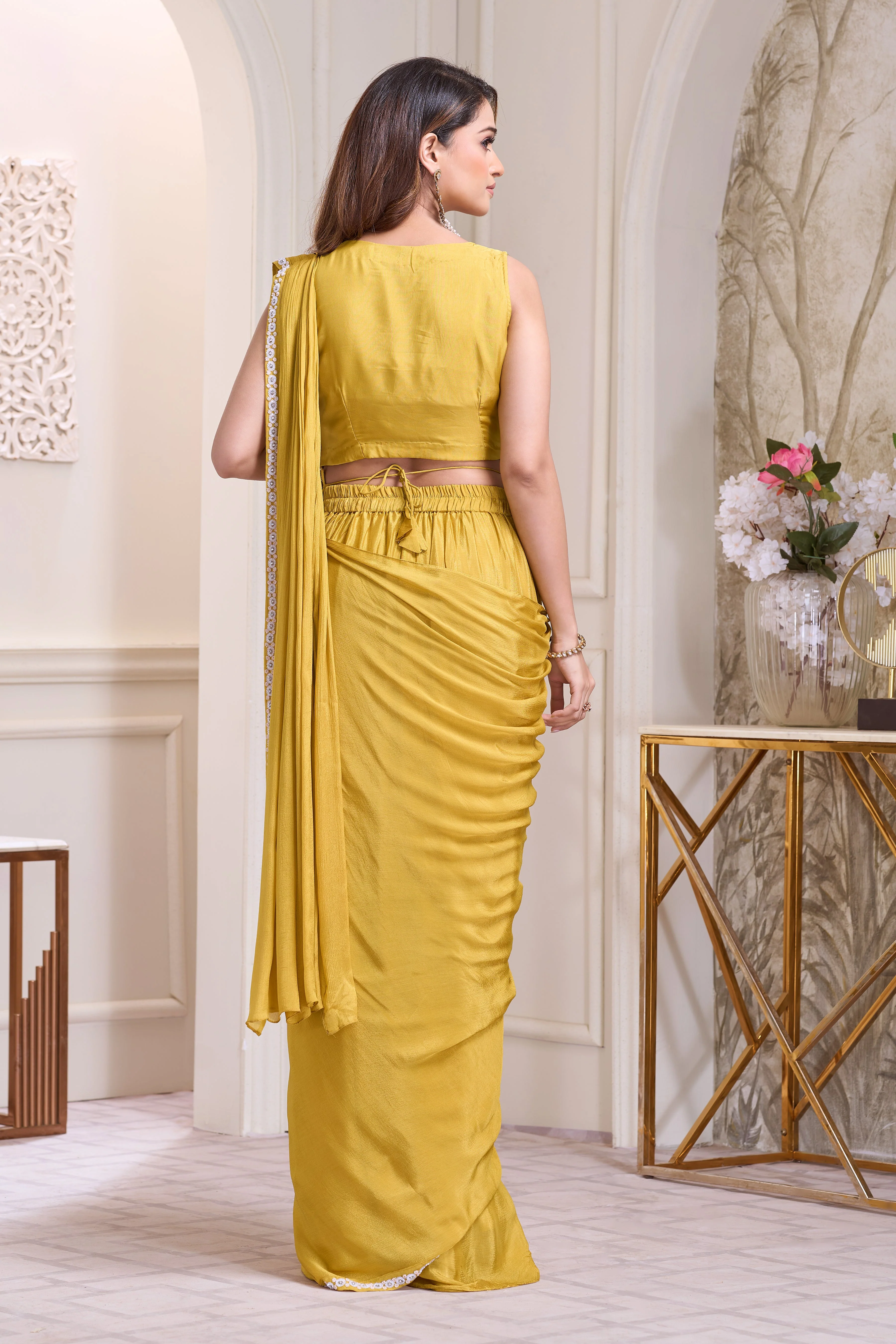 Vibrant Marigold Embellished Chinon Silk Drape Saree - Image 3