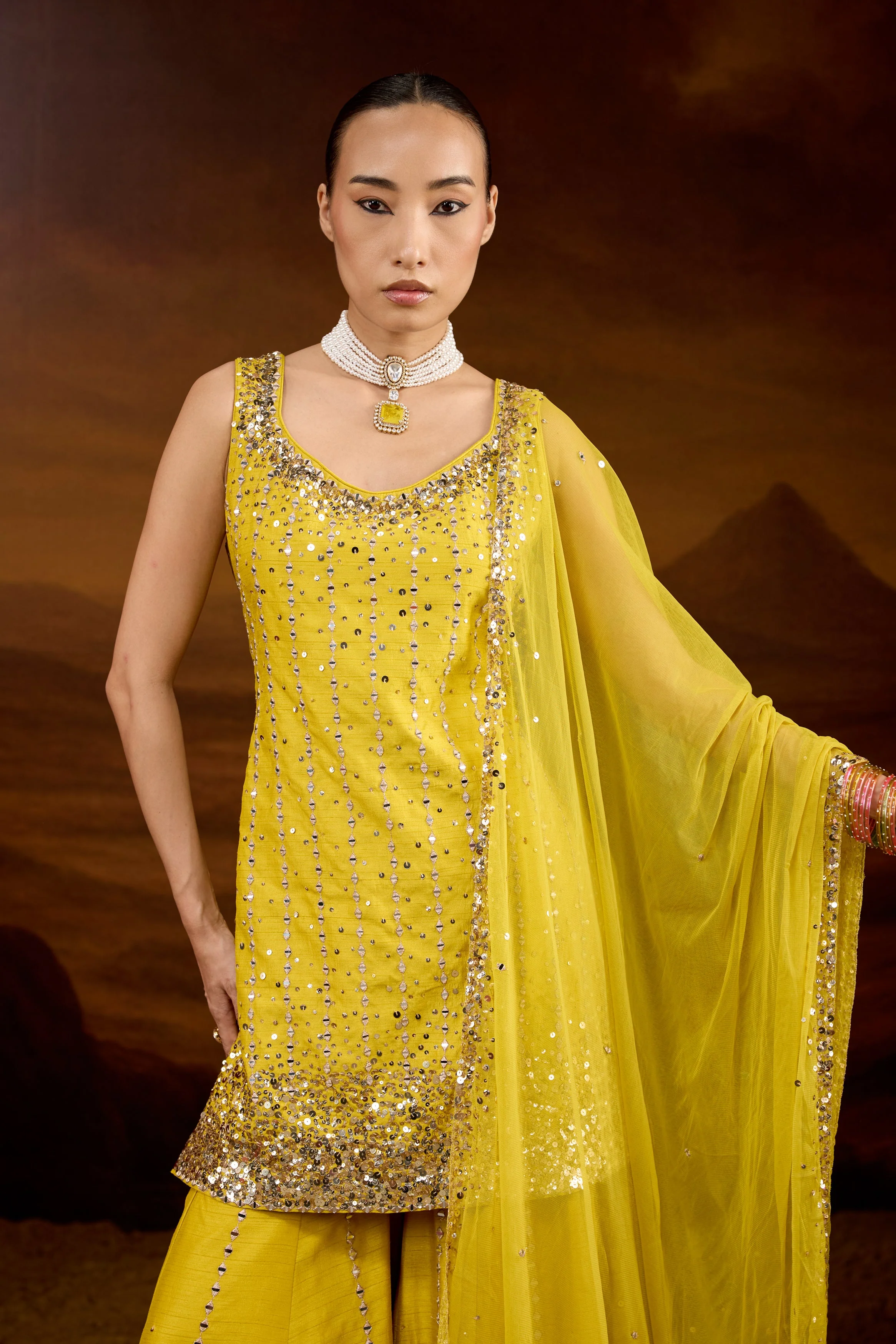 Vibrant Yellow Embellished Raw Silk Sharara Set - Image 4