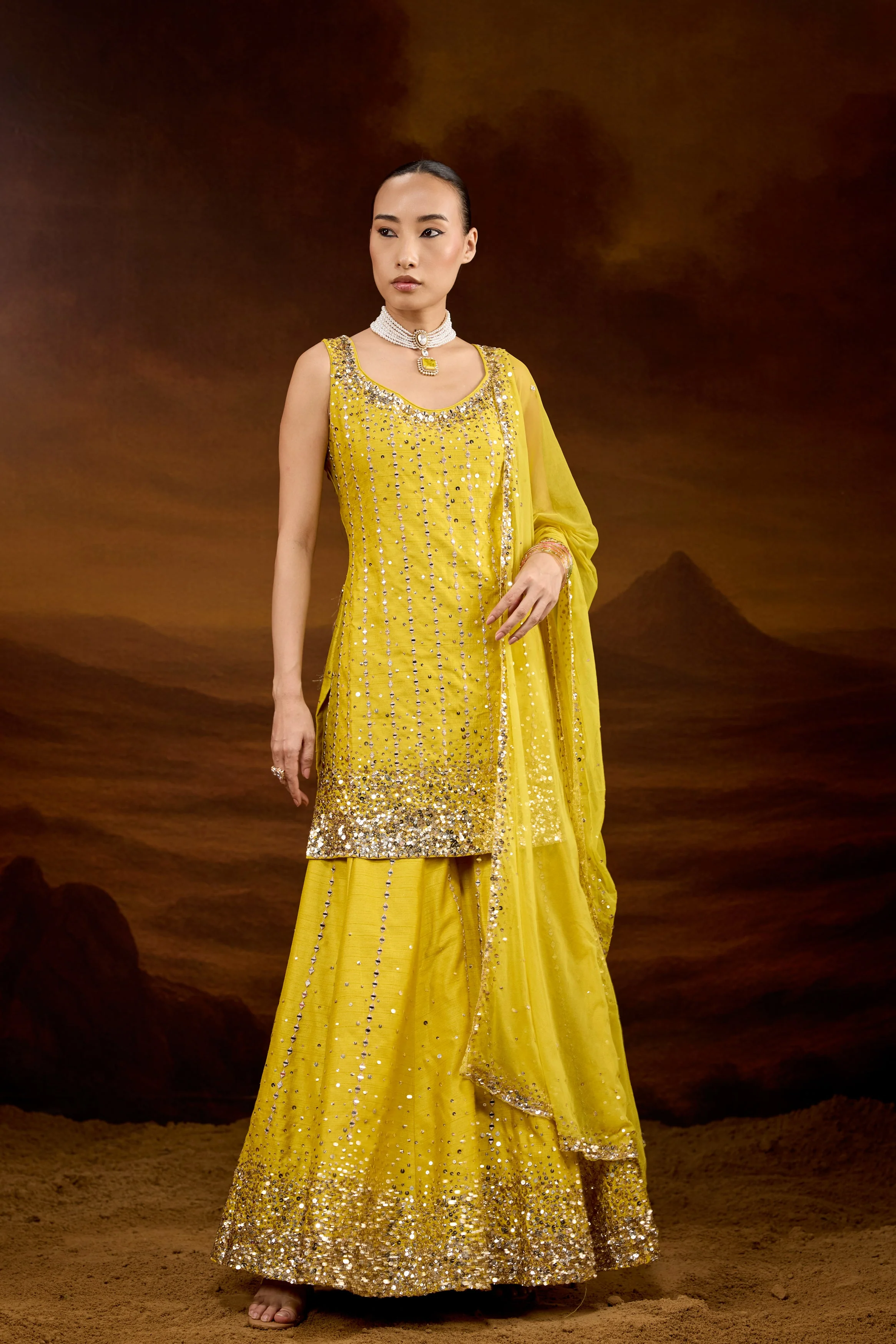 Vibrant Yellow Embellished Raw Silk Sharara Set - Image 5