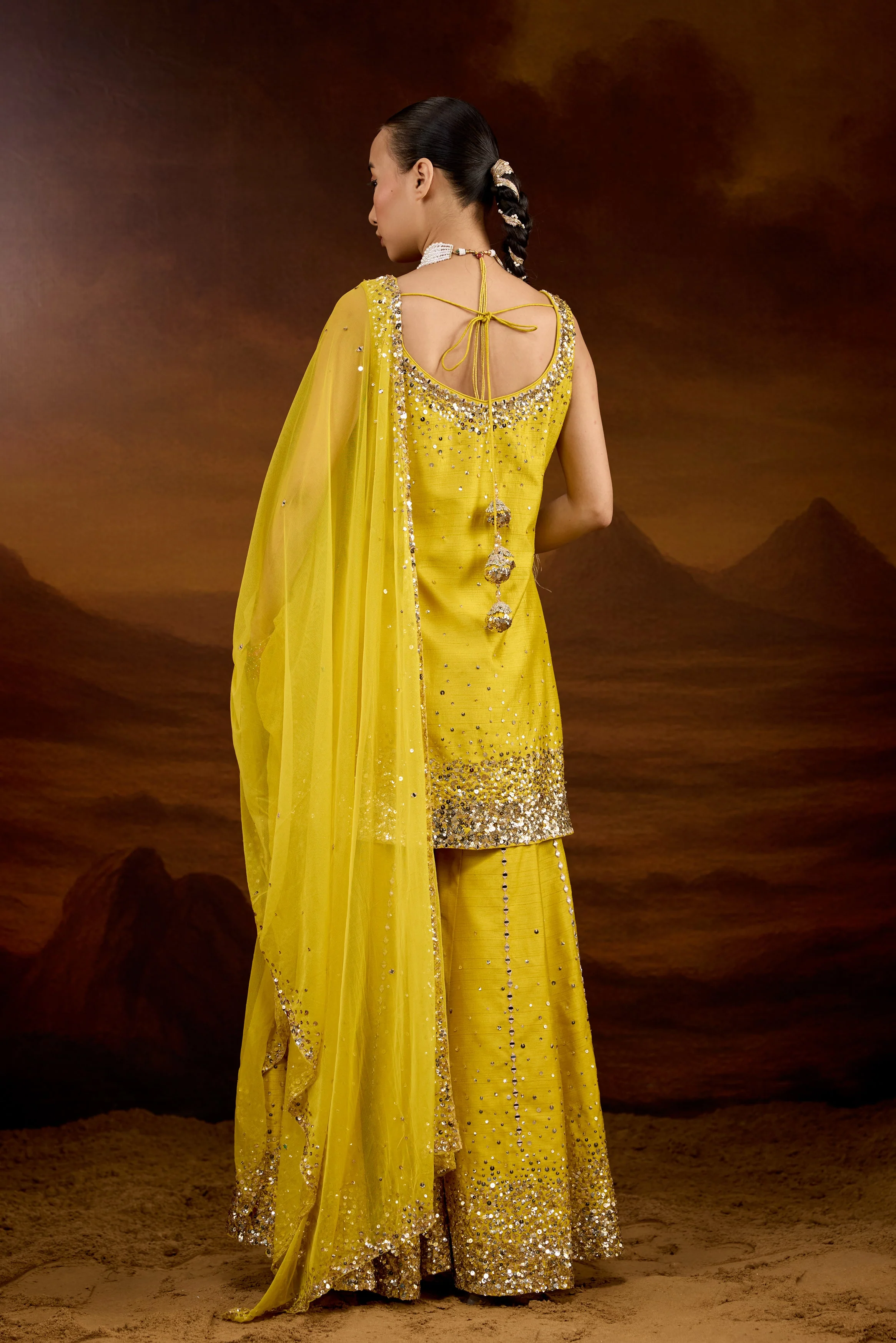 Vibrant Yellow Embellished Raw Silk Sharara Set - Image 6