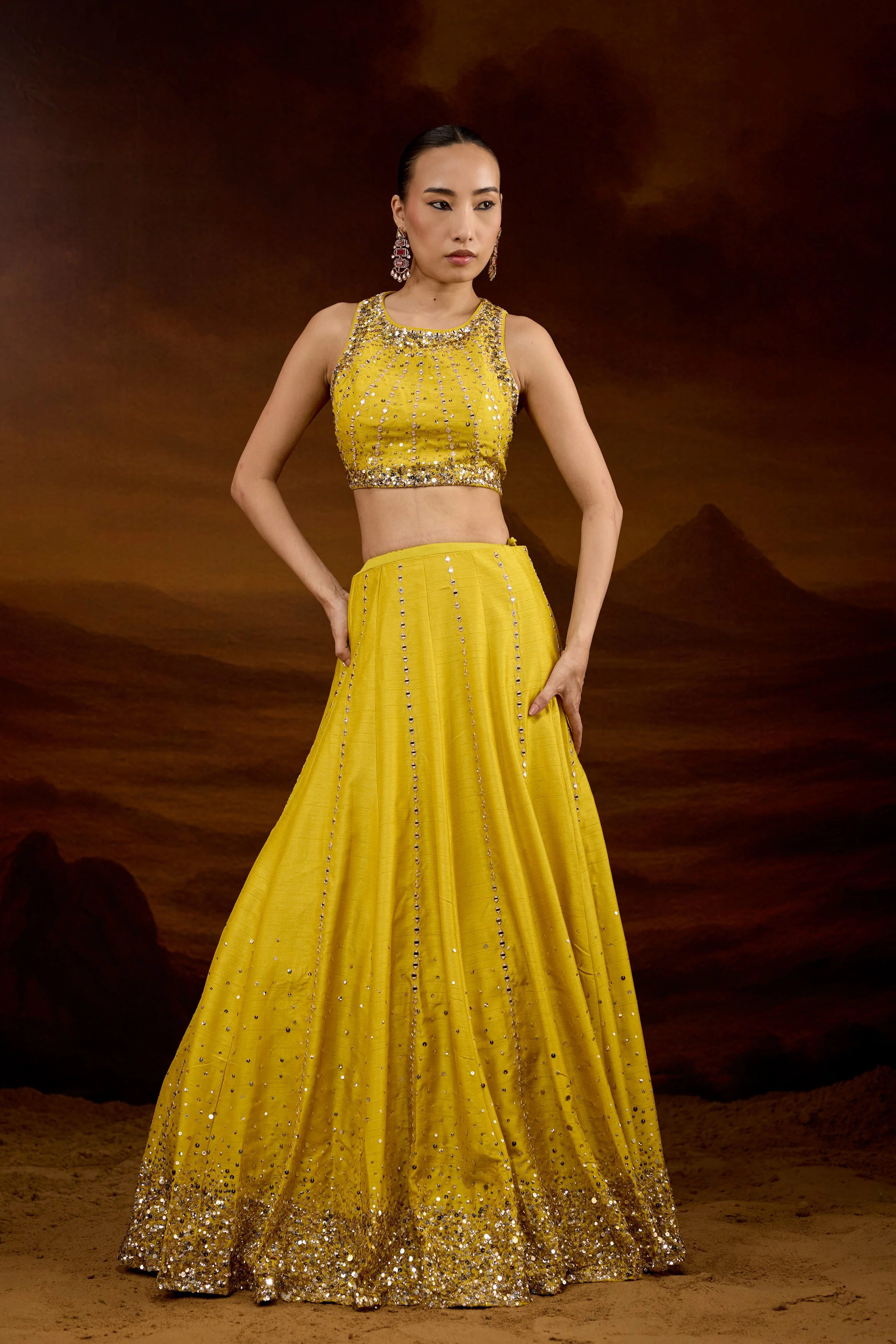 Bright Yellow Embellished Raw Silk Lehenga Set - Image 3