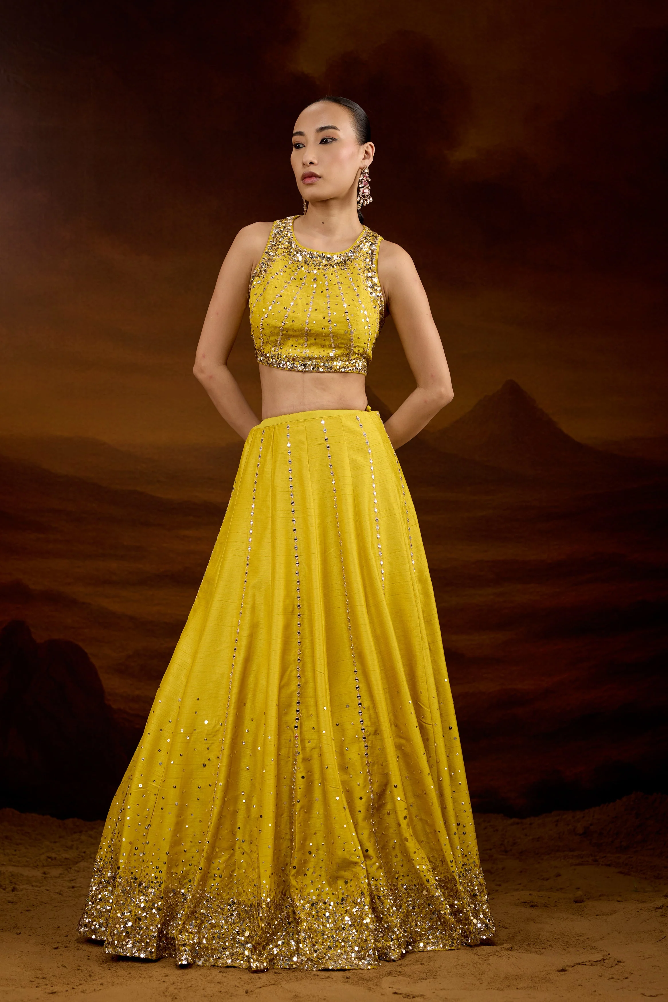 Bright Yellow Embellished Raw Silk Lehenga Set - Image 4
