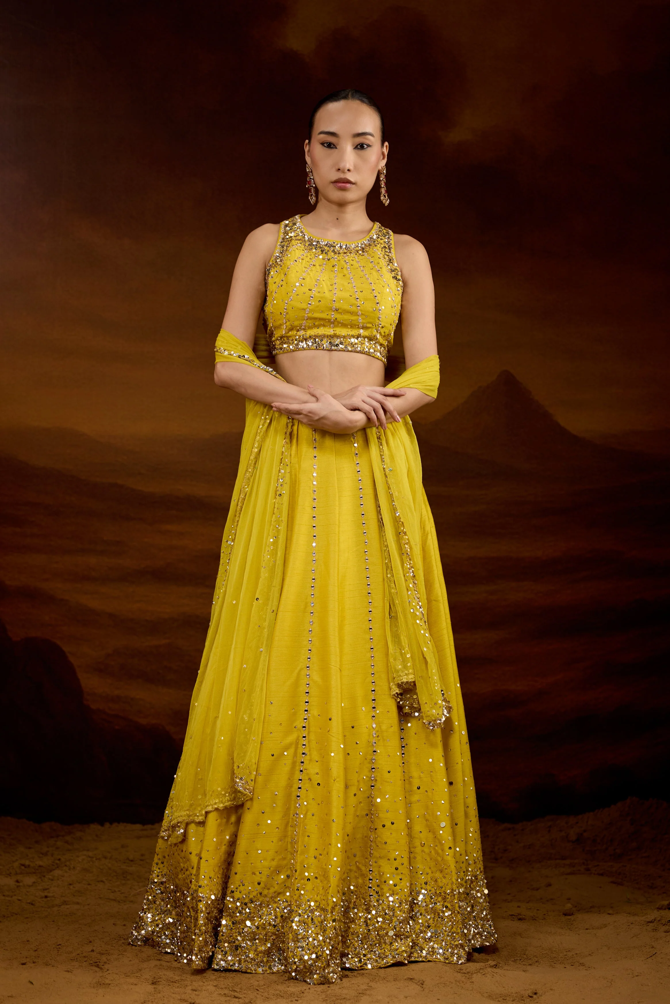 Bright Yellow Embellished Raw Silk Lehenga Set - Image 5
