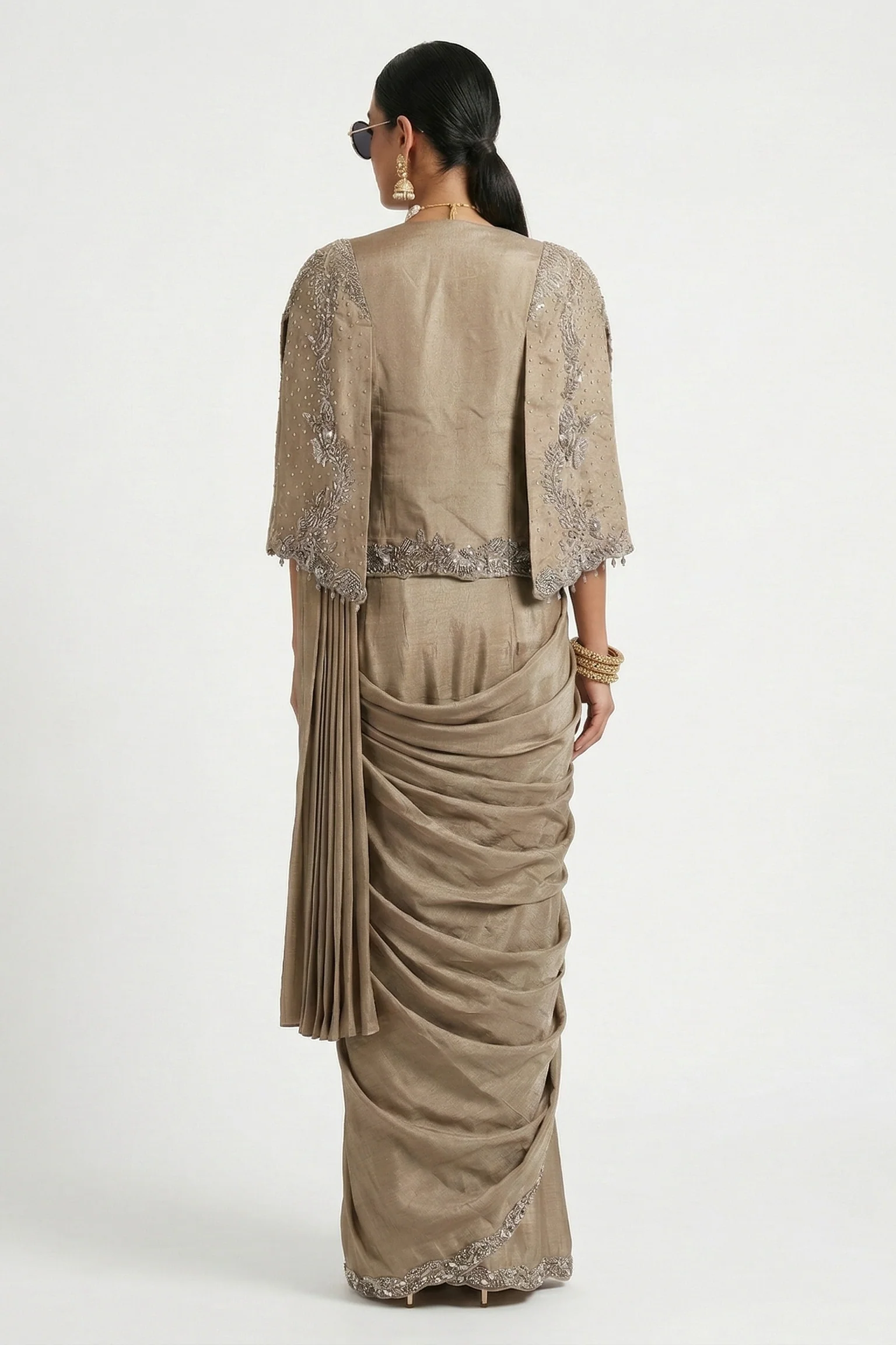 Vintage Beige Embellished Tissue Silk Draped Saree - Image 2