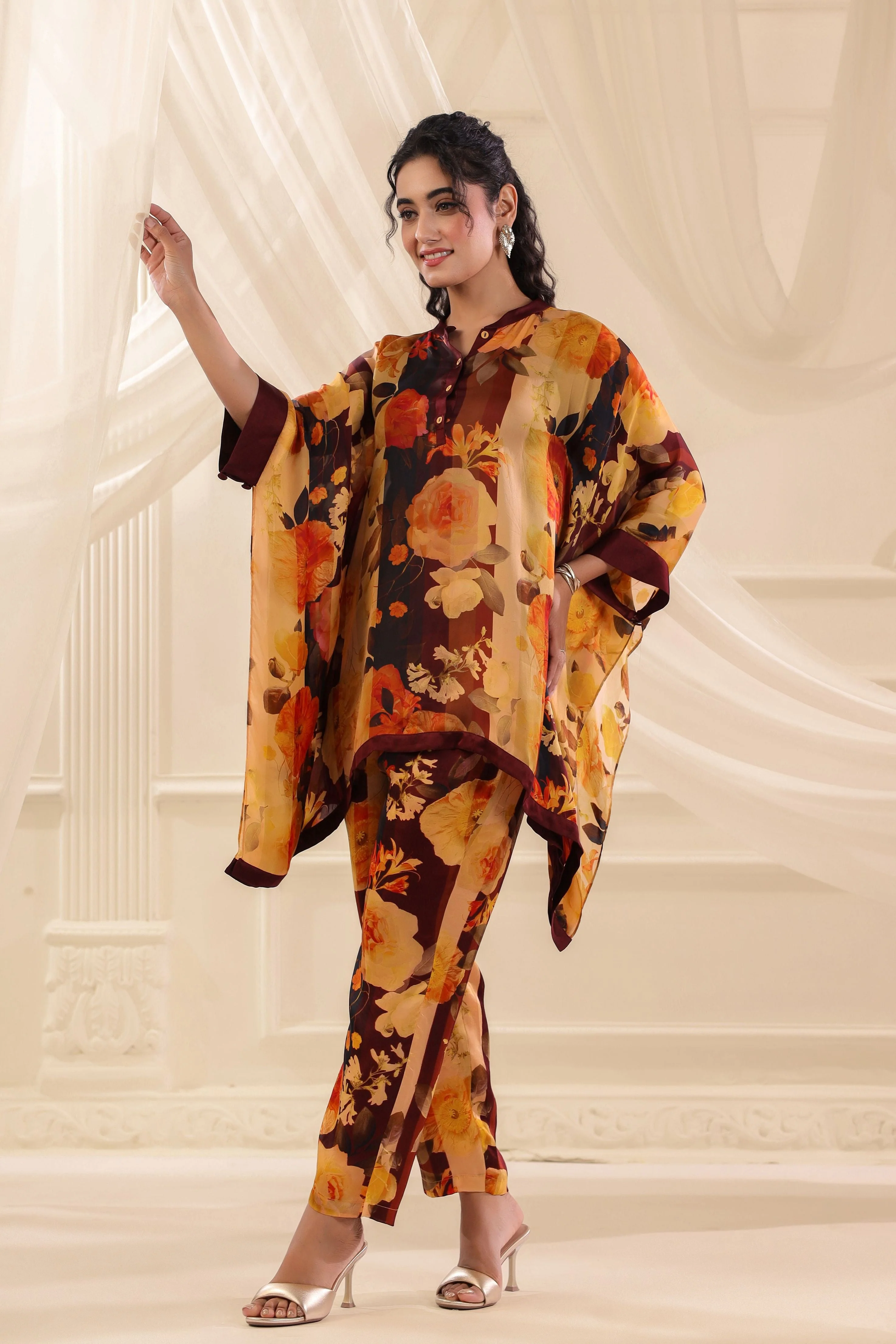 Vintage Ruby Mustard Printed Satin Silk Co-Ord Set - Image 3
