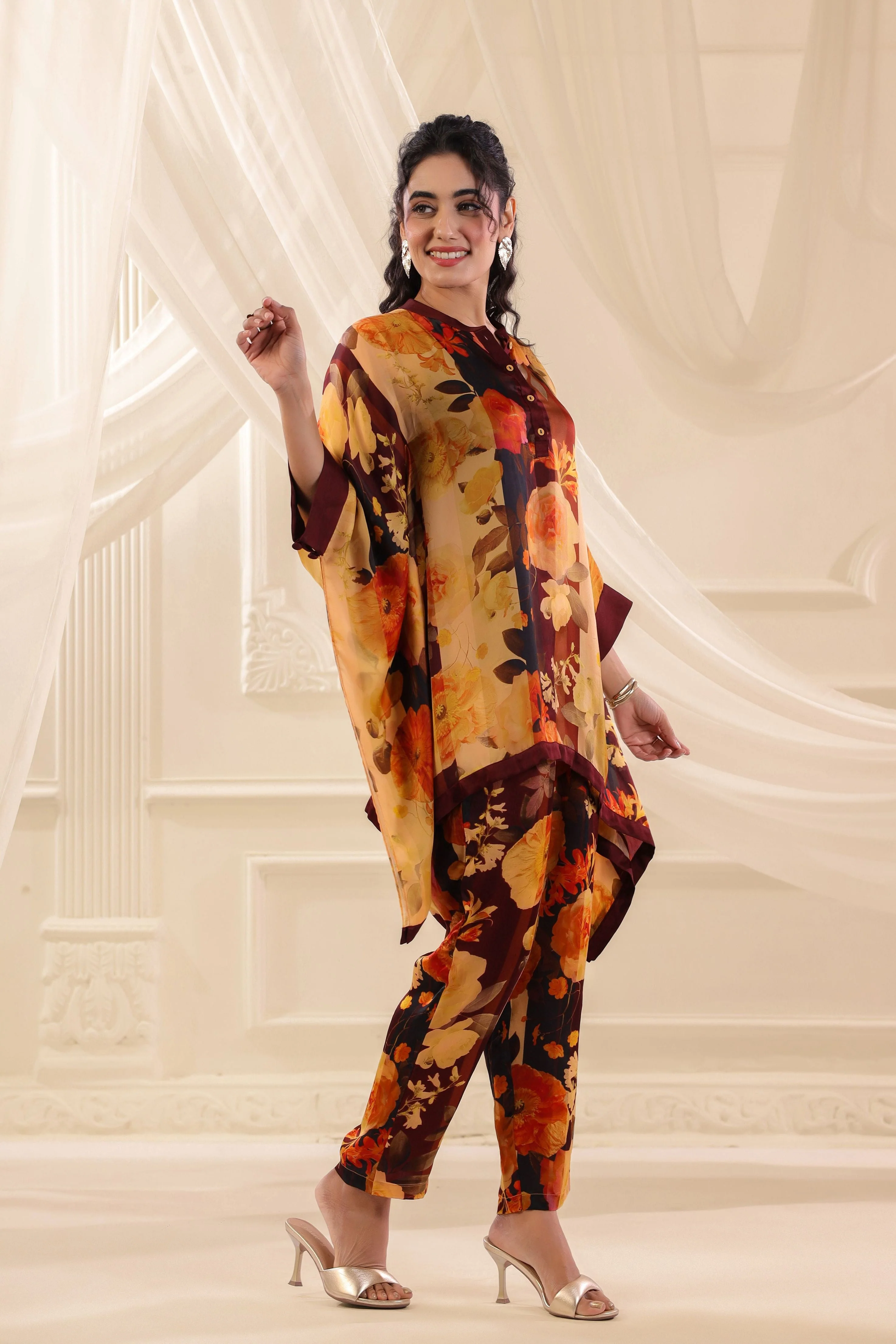 Vintage Ruby Mustard Printed Satin Silk Co-Ord Set - Image 4