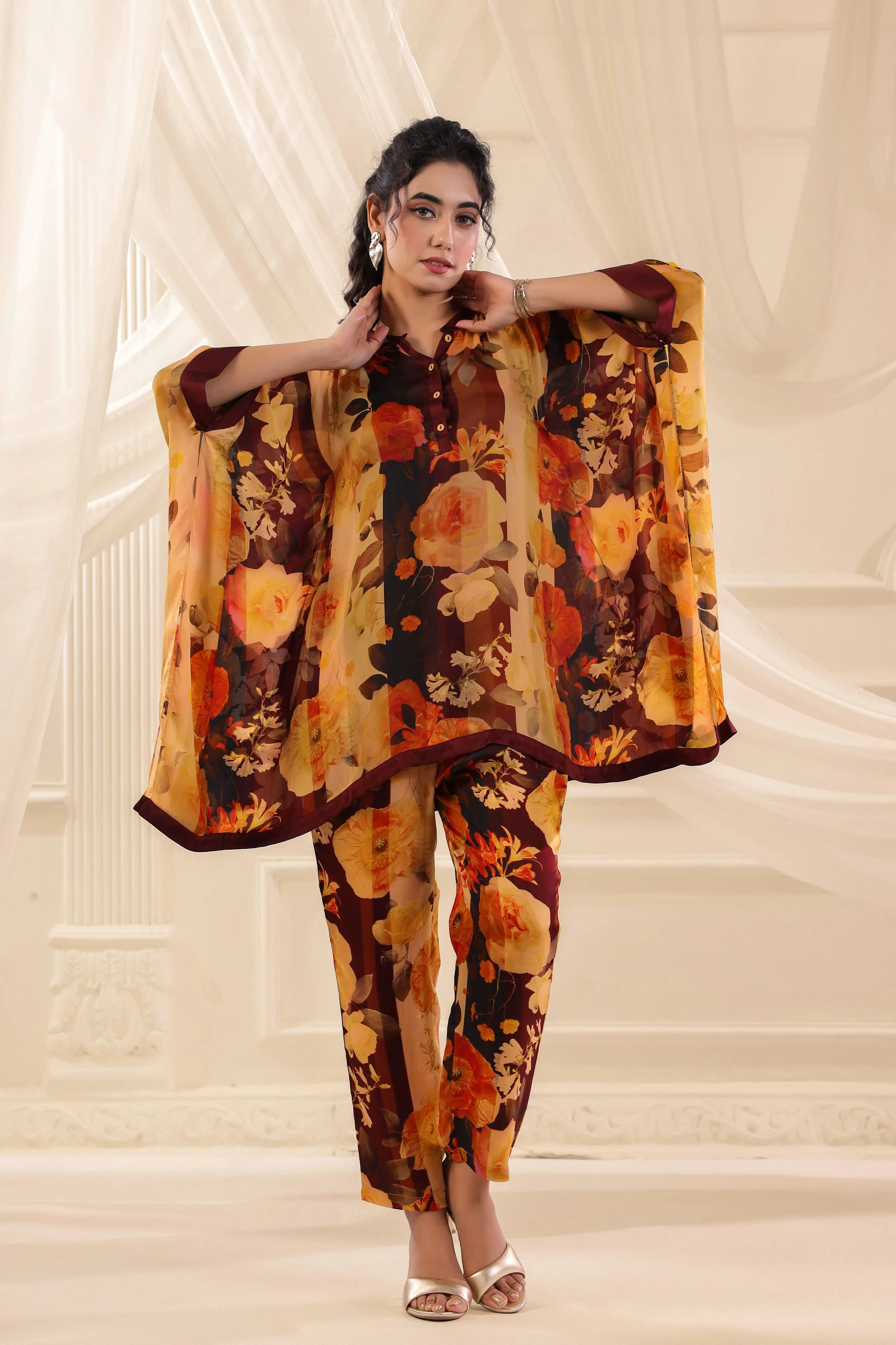Vintage Ruby Mustard Printed Satin Silk Co-Ord Set - Image 5